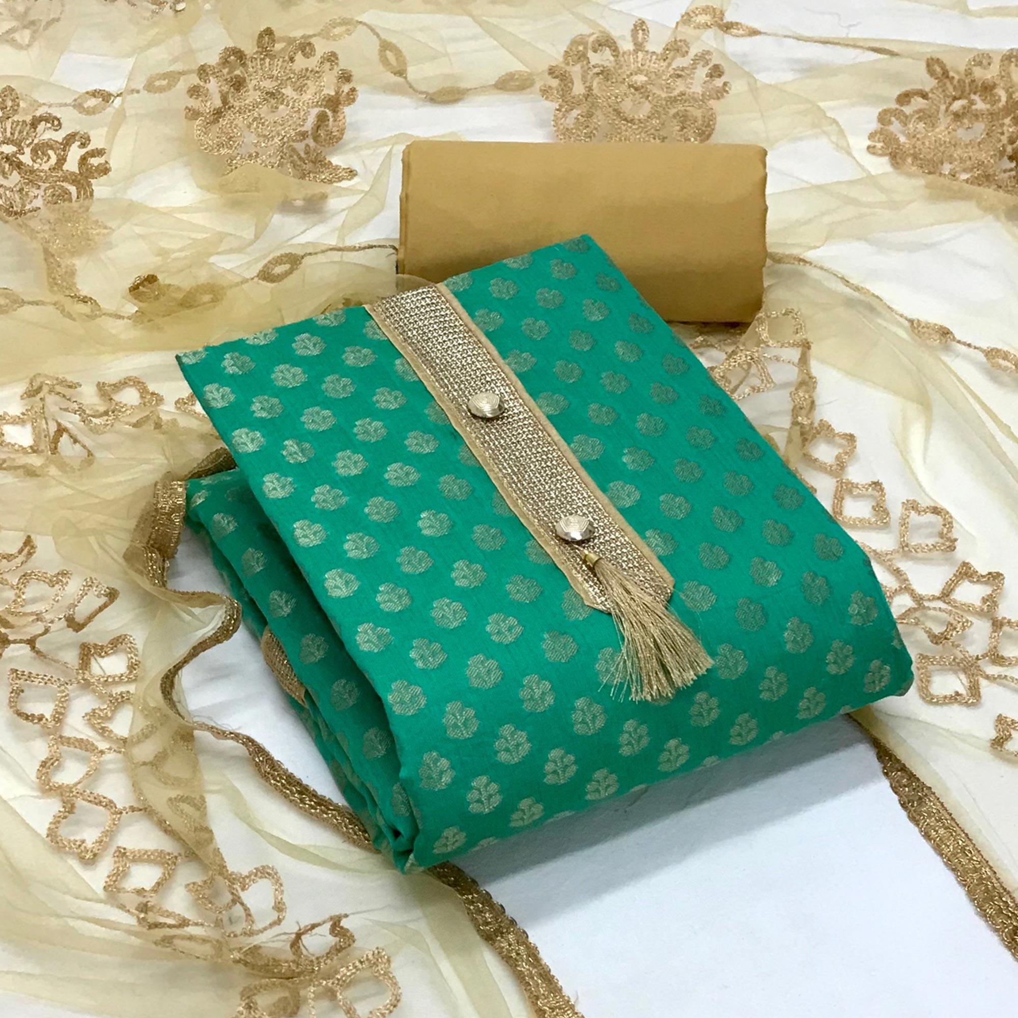 Sea Green Festive Wear Jacquard Banarasi Silk Dress Material - Peachmode