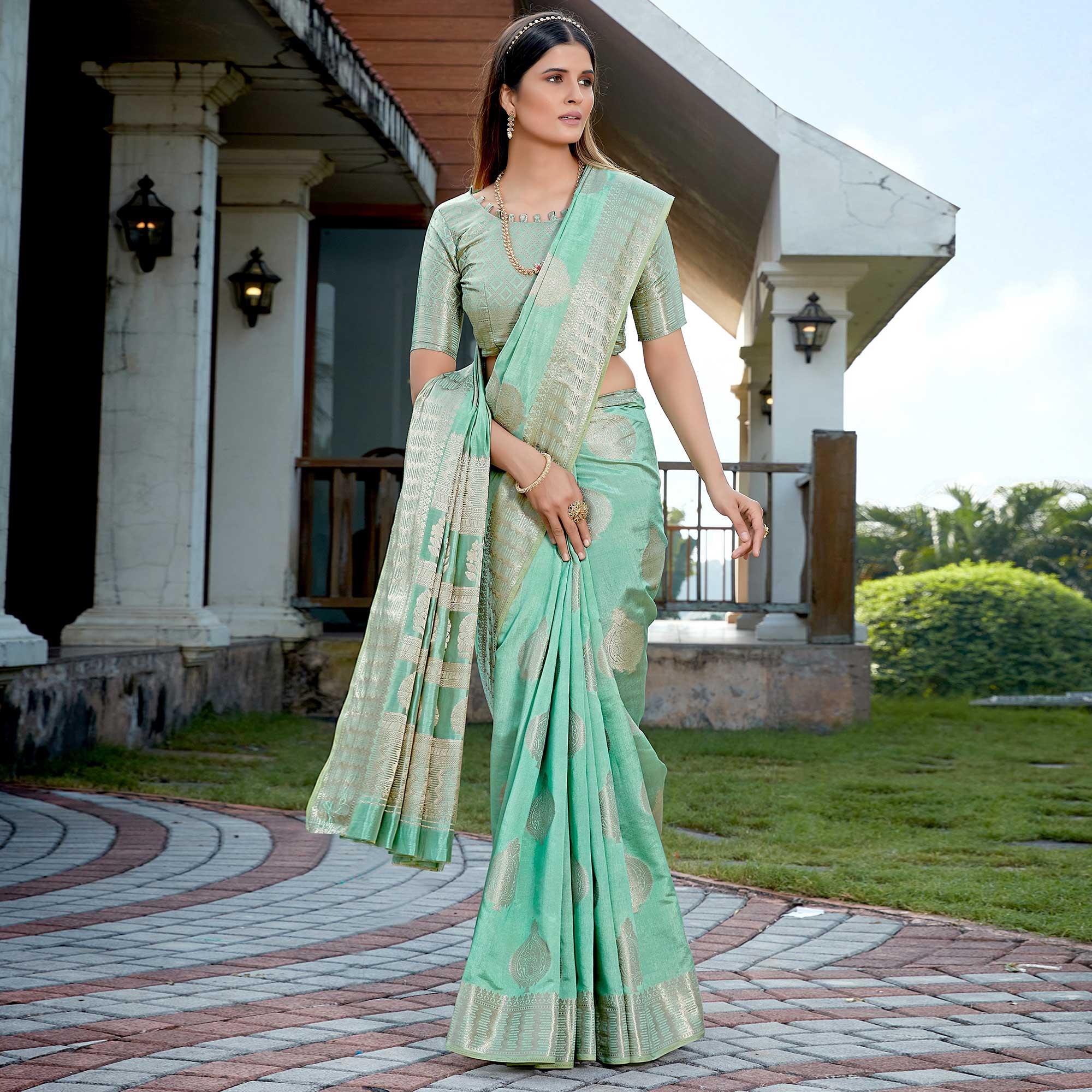 Sea Green Festive Wear Jari Woven Art Silk Saree - Peachmode