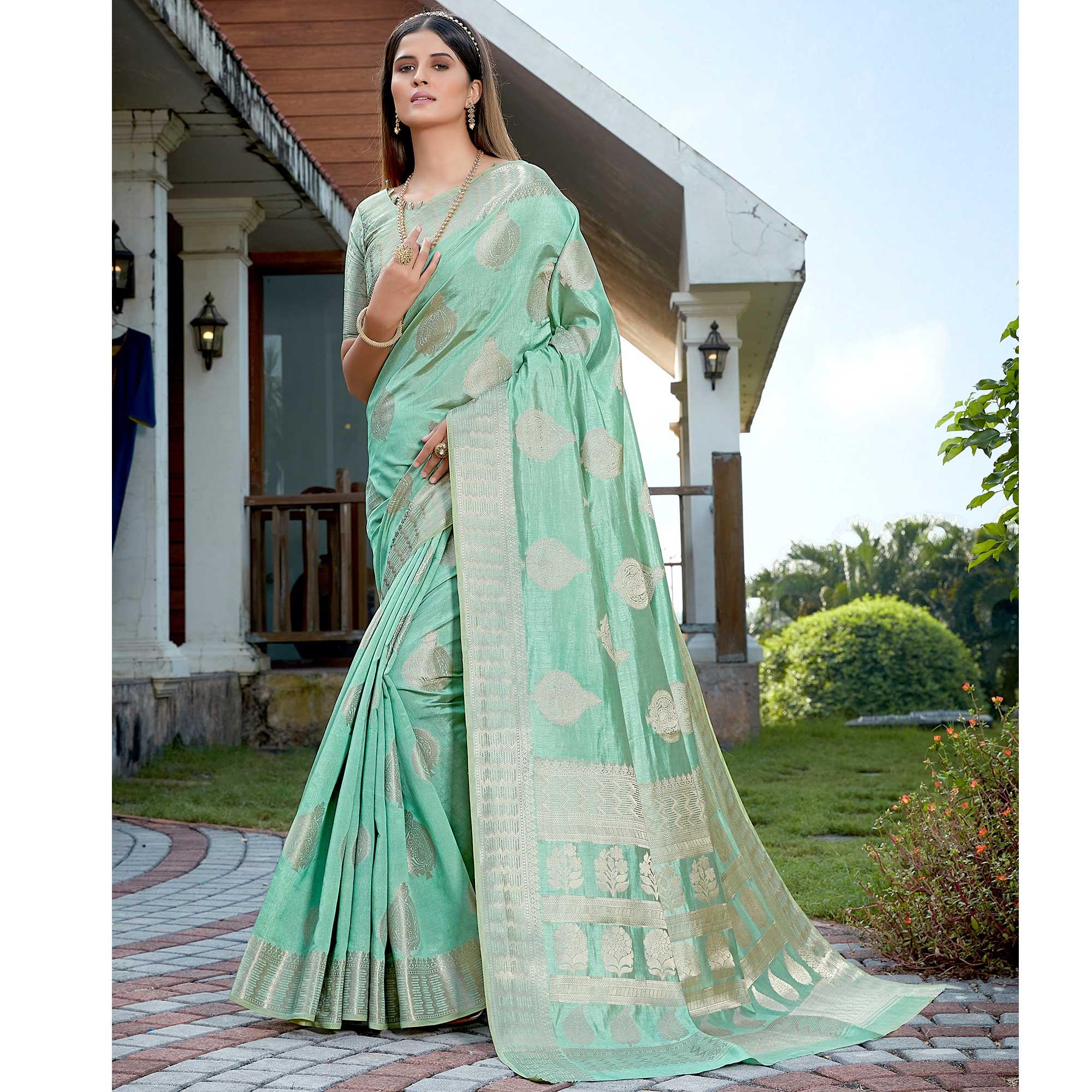 Sea Green Festive Wear Jari Woven Art Silk Saree - Peachmode