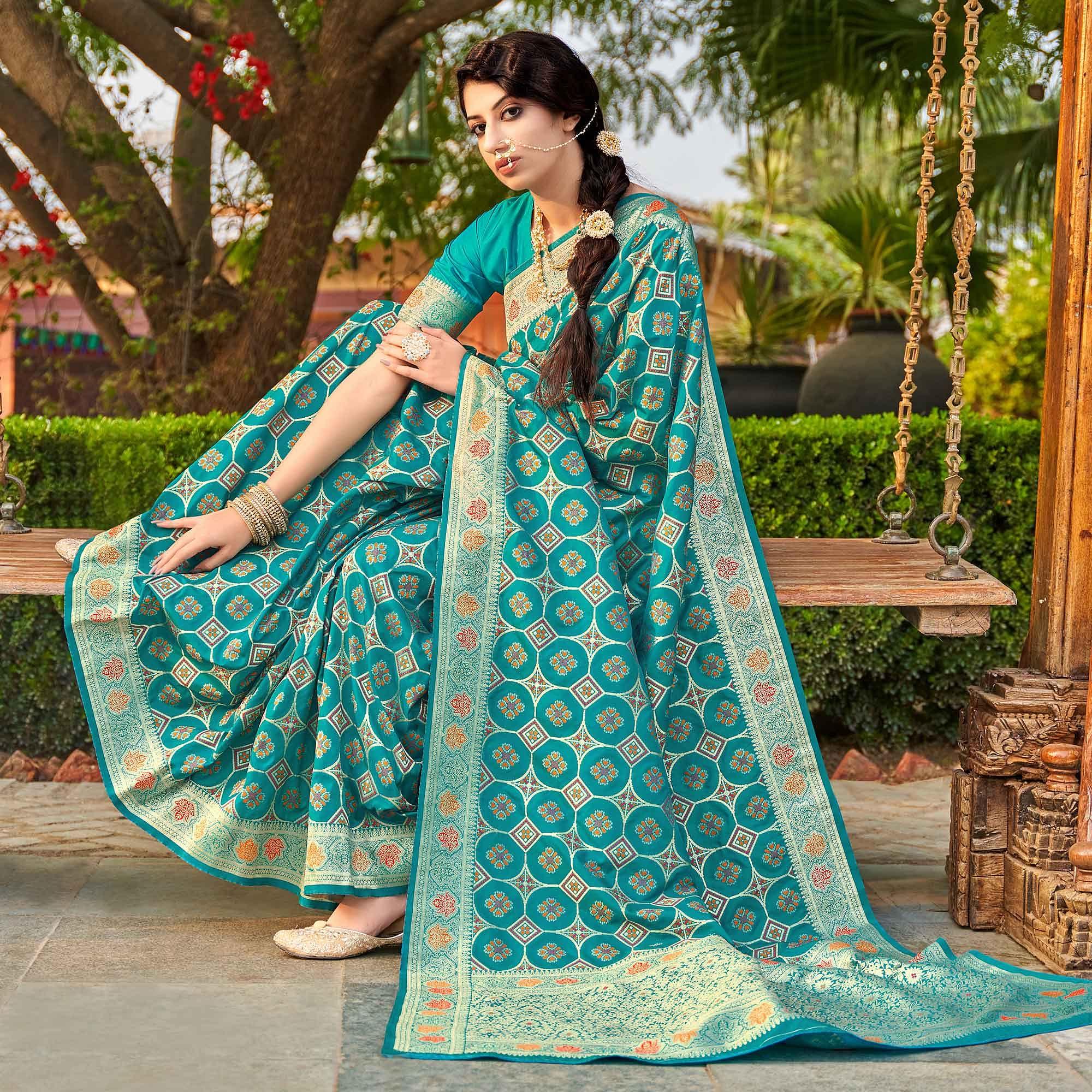 Sea Green Festive Wear Printed Banarasi Soft Silk Saree - Peachmode