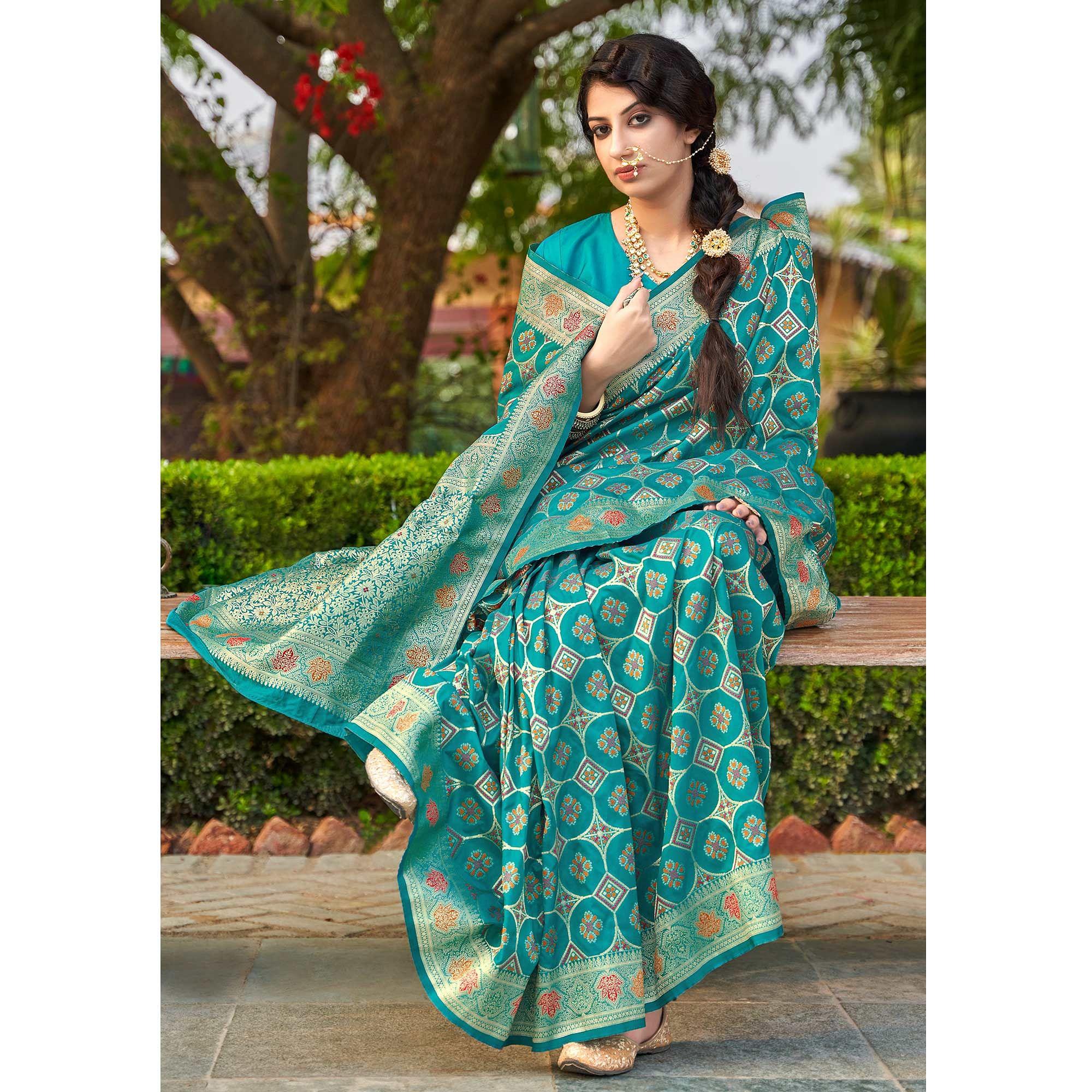 Sea Green Festive Wear Printed Banarasi Soft Silk Saree - Peachmode