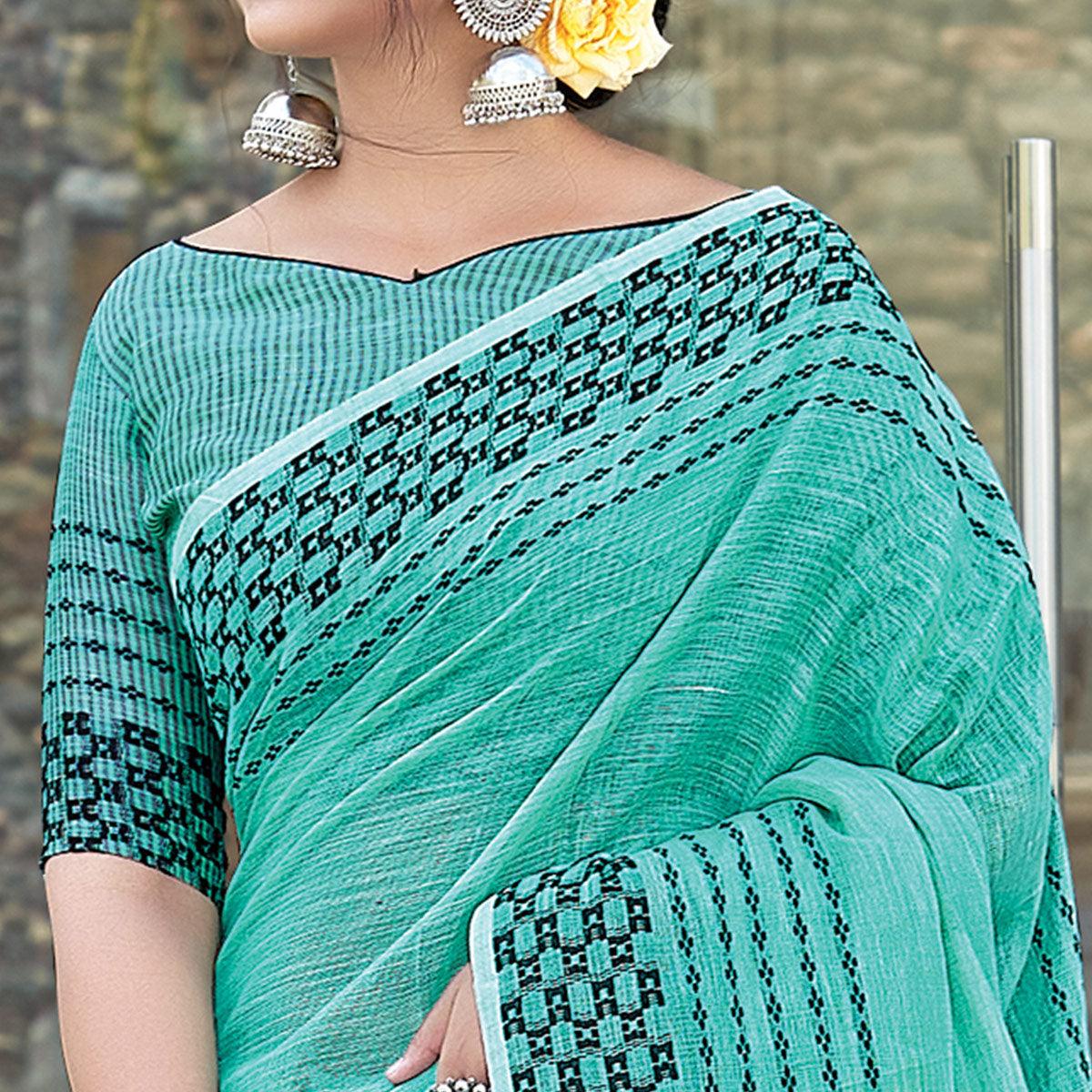 Sea Green Festive Wear Printed Linen Saree - Peachmode