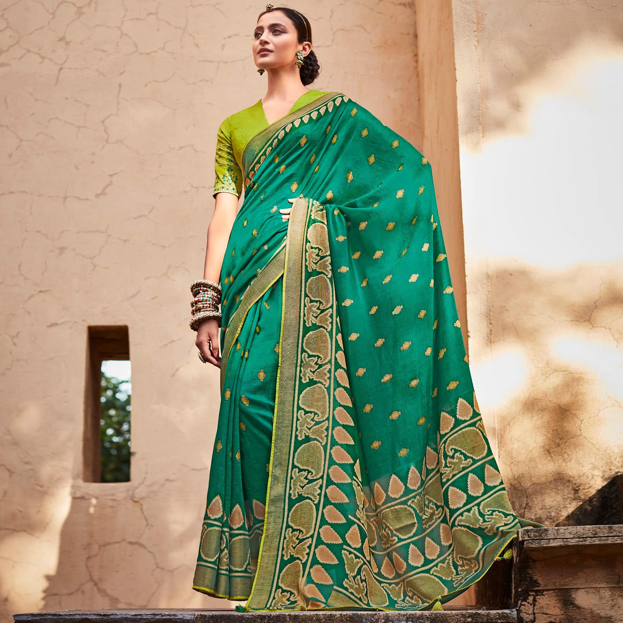 Sea Green Festive Wear Printed Silk Saree - Peachmode