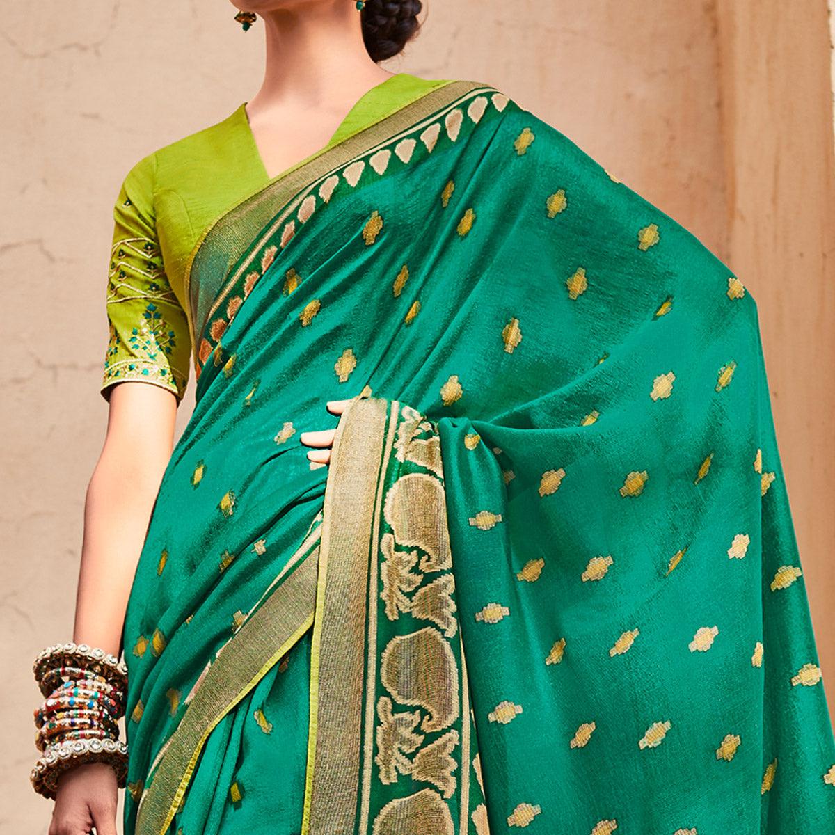 Sea Green Festive Wear Printed Silk Saree - Peachmode
