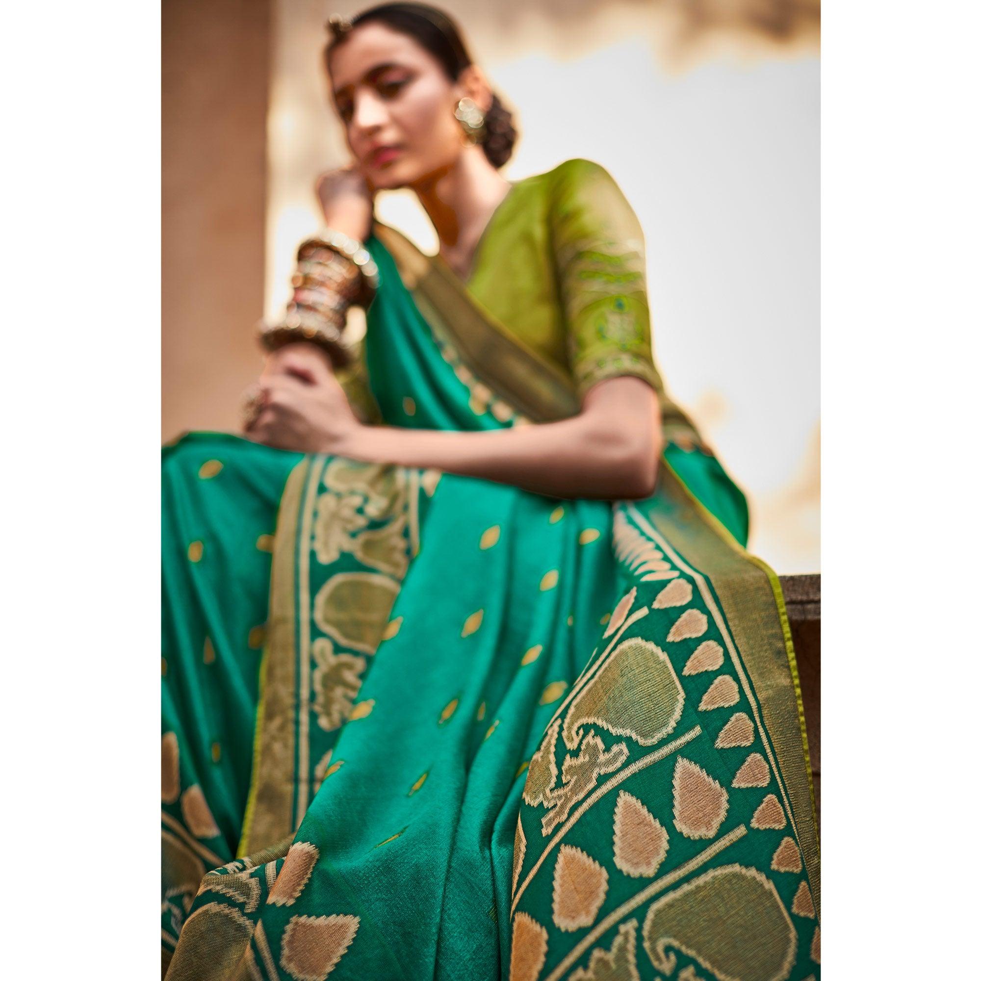 Sea Green Festive Wear Printed Silk Saree - Peachmode