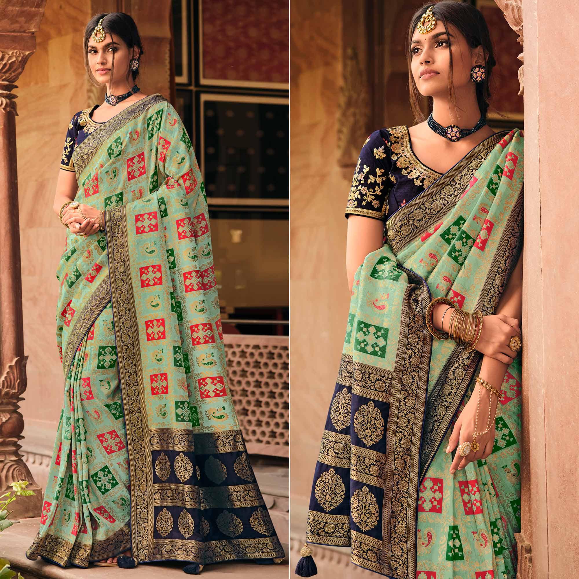 Sea Green Festive Wear Printed Woven Silk Saree - Peachmode