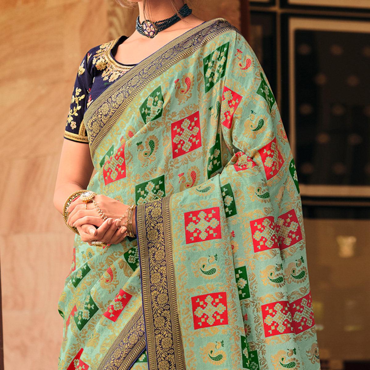 Sea Green Festive Wear Printed Woven Silk Saree - Peachmode