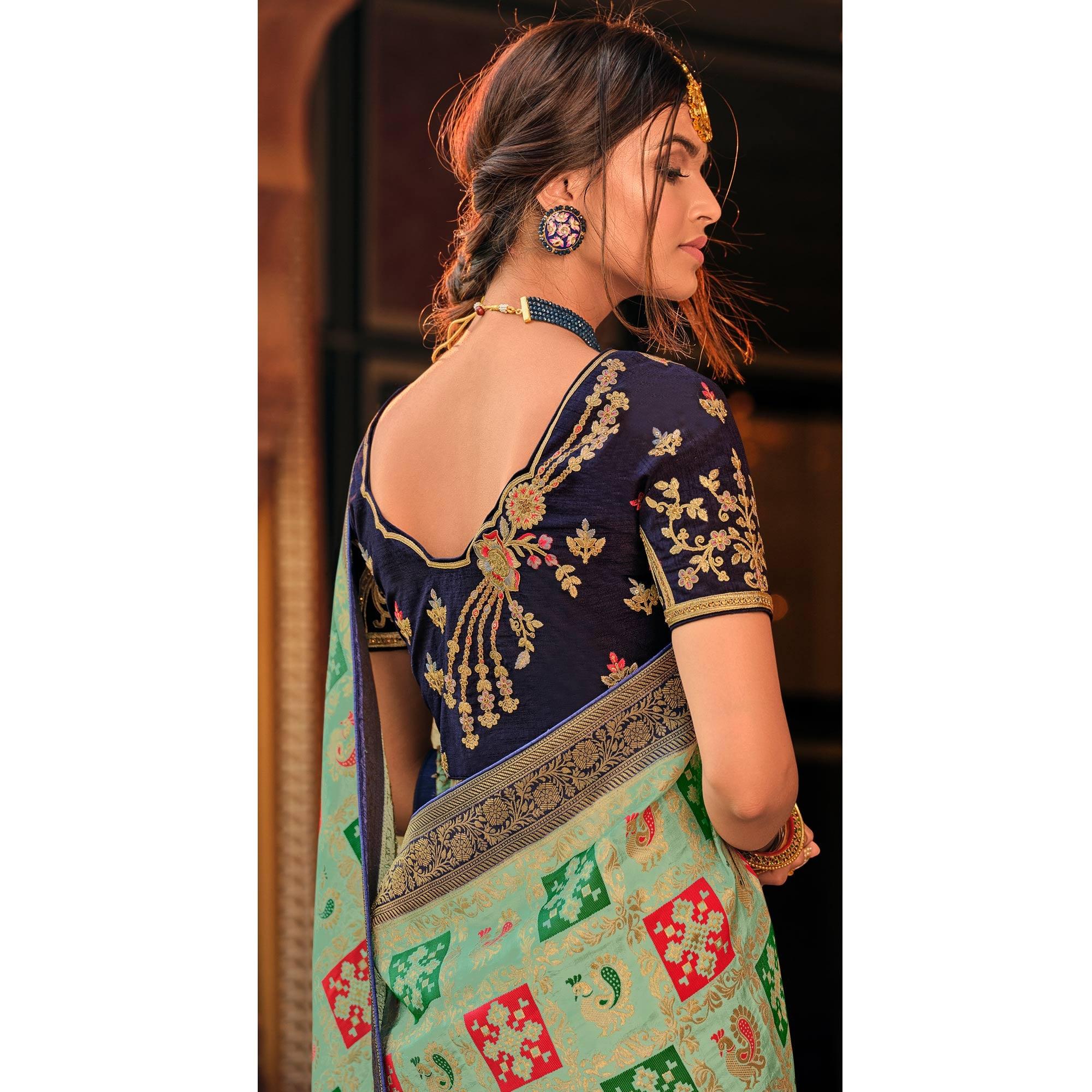 Sea Green Festive Wear Printed Woven Silk Saree - Peachmode