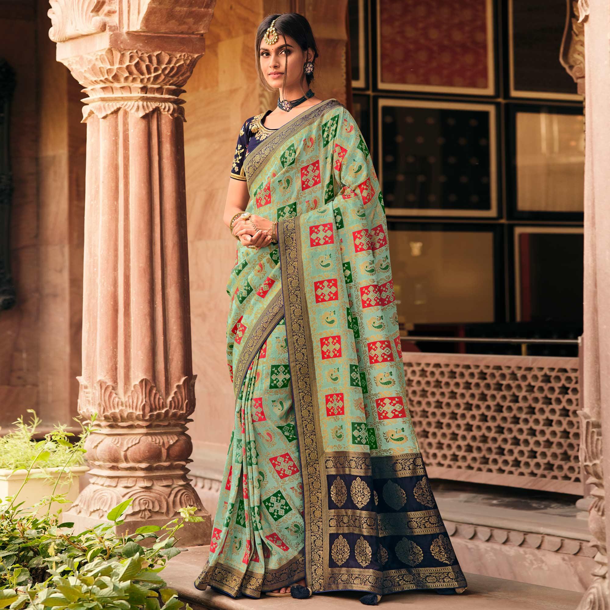 Sea Green Festive Wear Printed Woven Silk Saree - Peachmode
