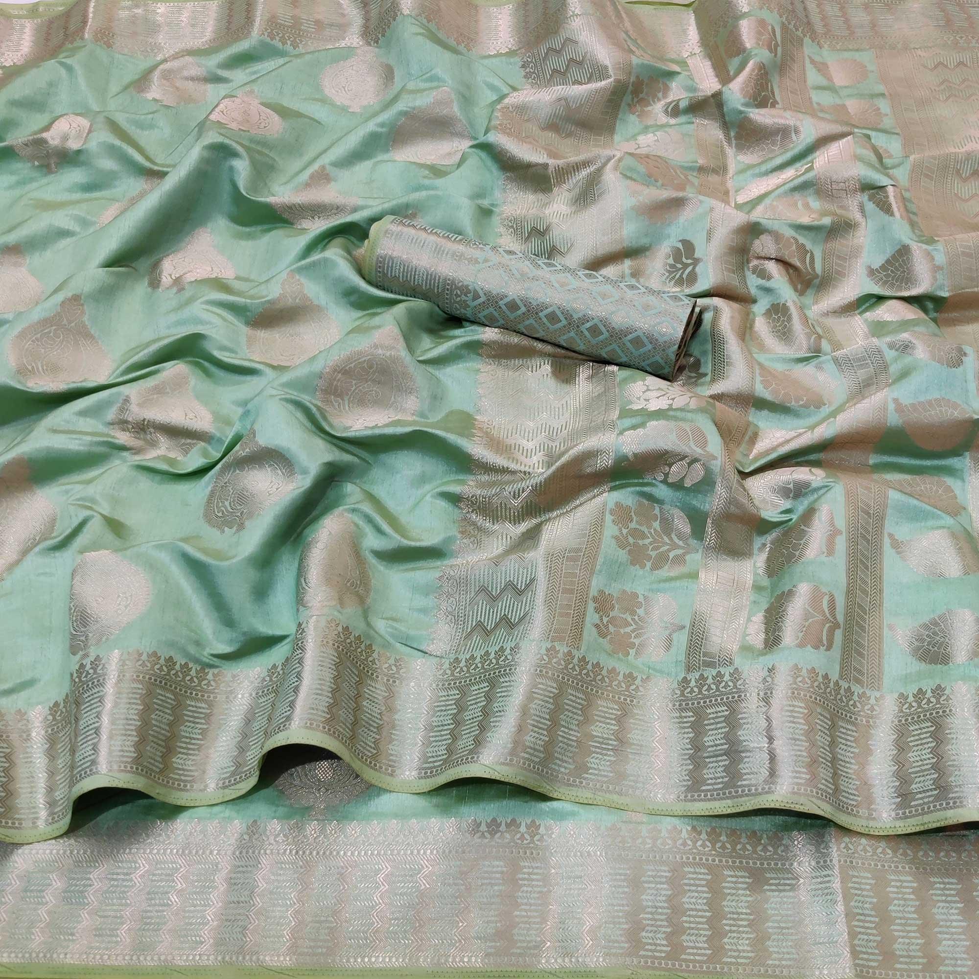 Sea Green Festive Wear Soft Jari Woven Art Silk Saree - Peachmode