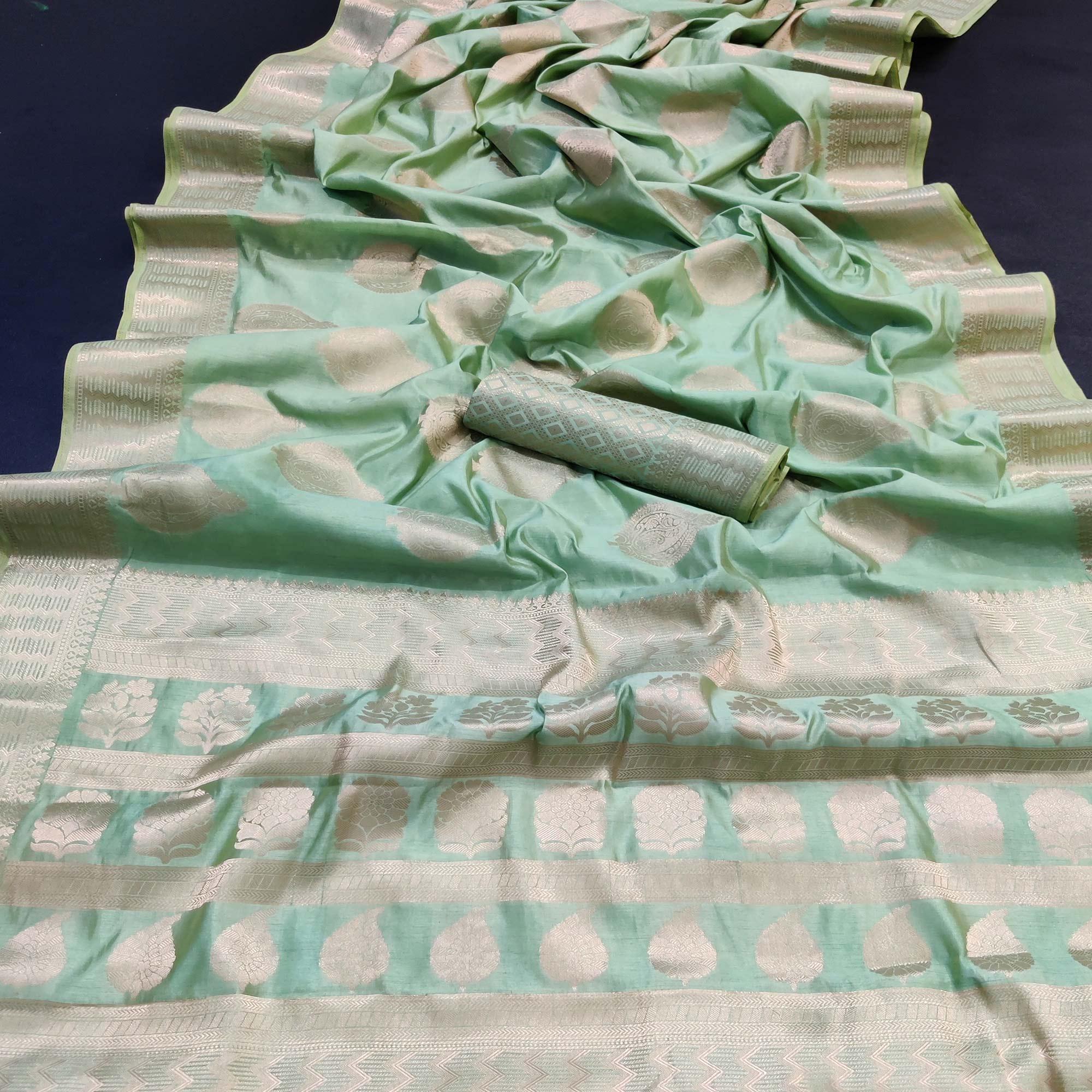 Sea Green Festive Wear Soft Jari Woven Art Silk Saree - Peachmode