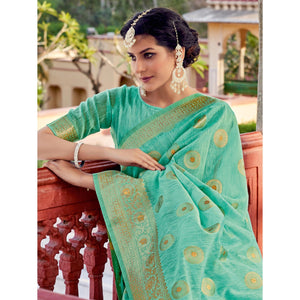 Sea Green Festive Wear Weaving Work Linen Saree With Tassels - Peachmode