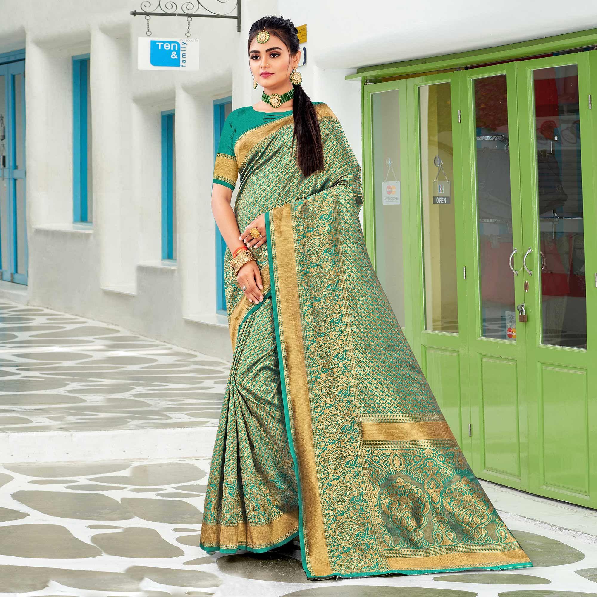 Sea Green Festive Wear Woven Art Silk Saree - Peachmode