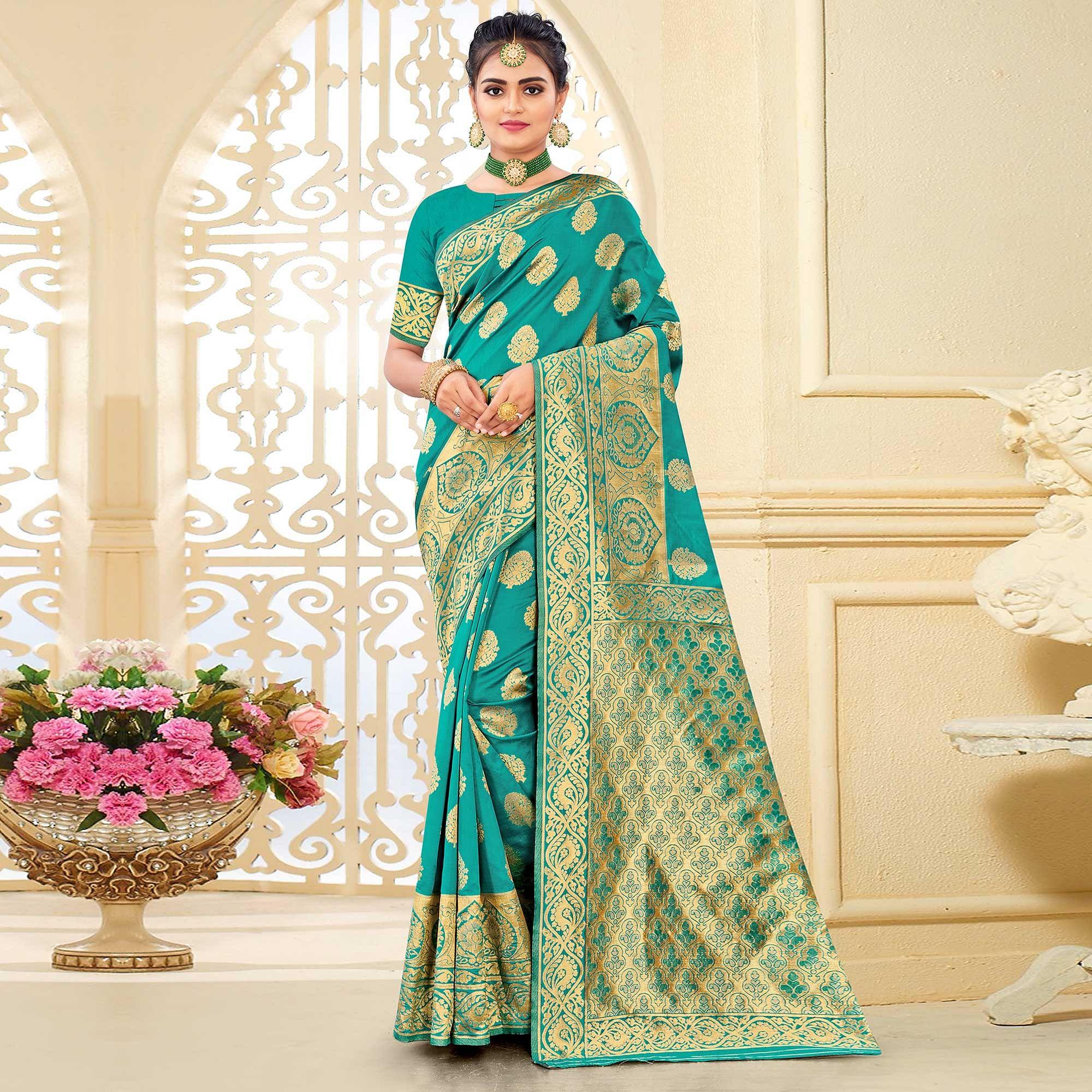 Sea Green Festive Wear Woven Art Silk Saree - Peachmode