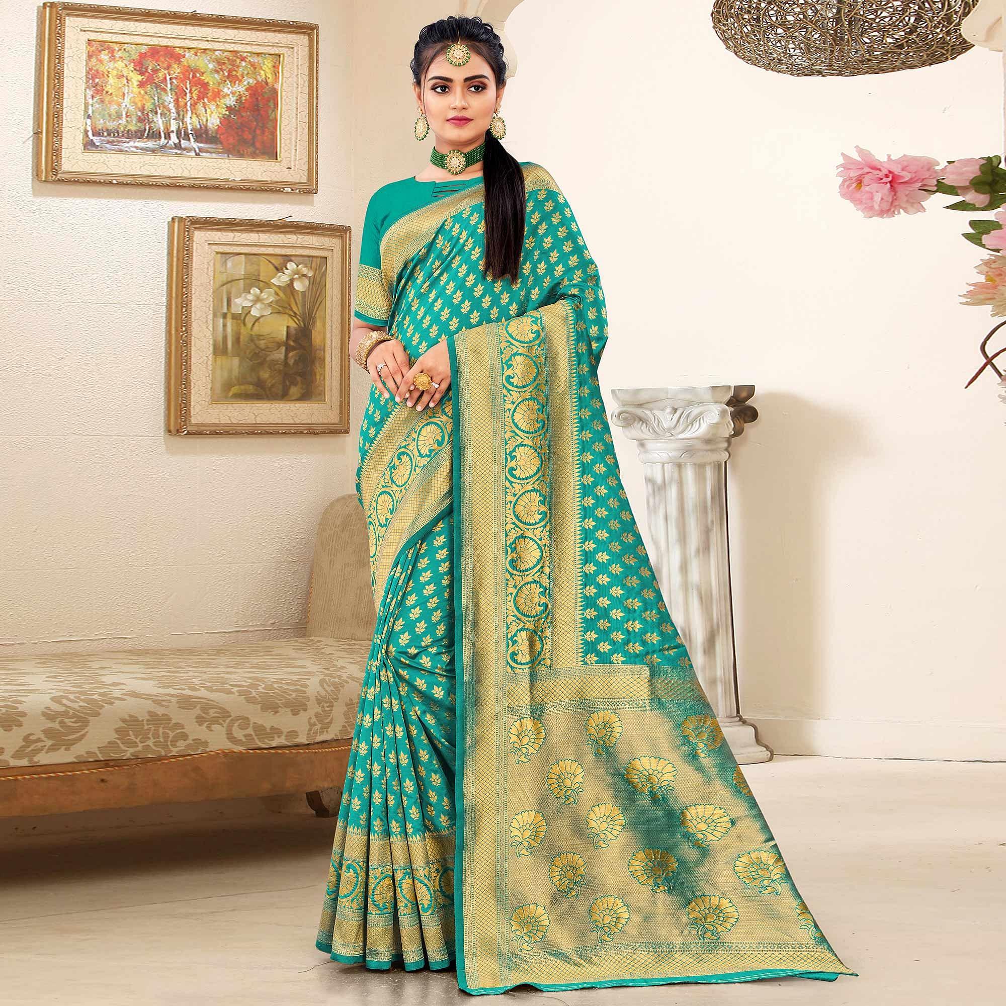 Sea Green Festive Wear Woven Art Silk Saree - Peachmode