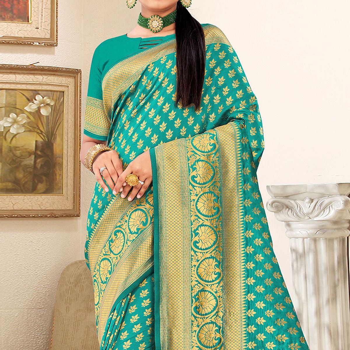 Sea Green Festive Wear Woven Art Silk Saree - Peachmode