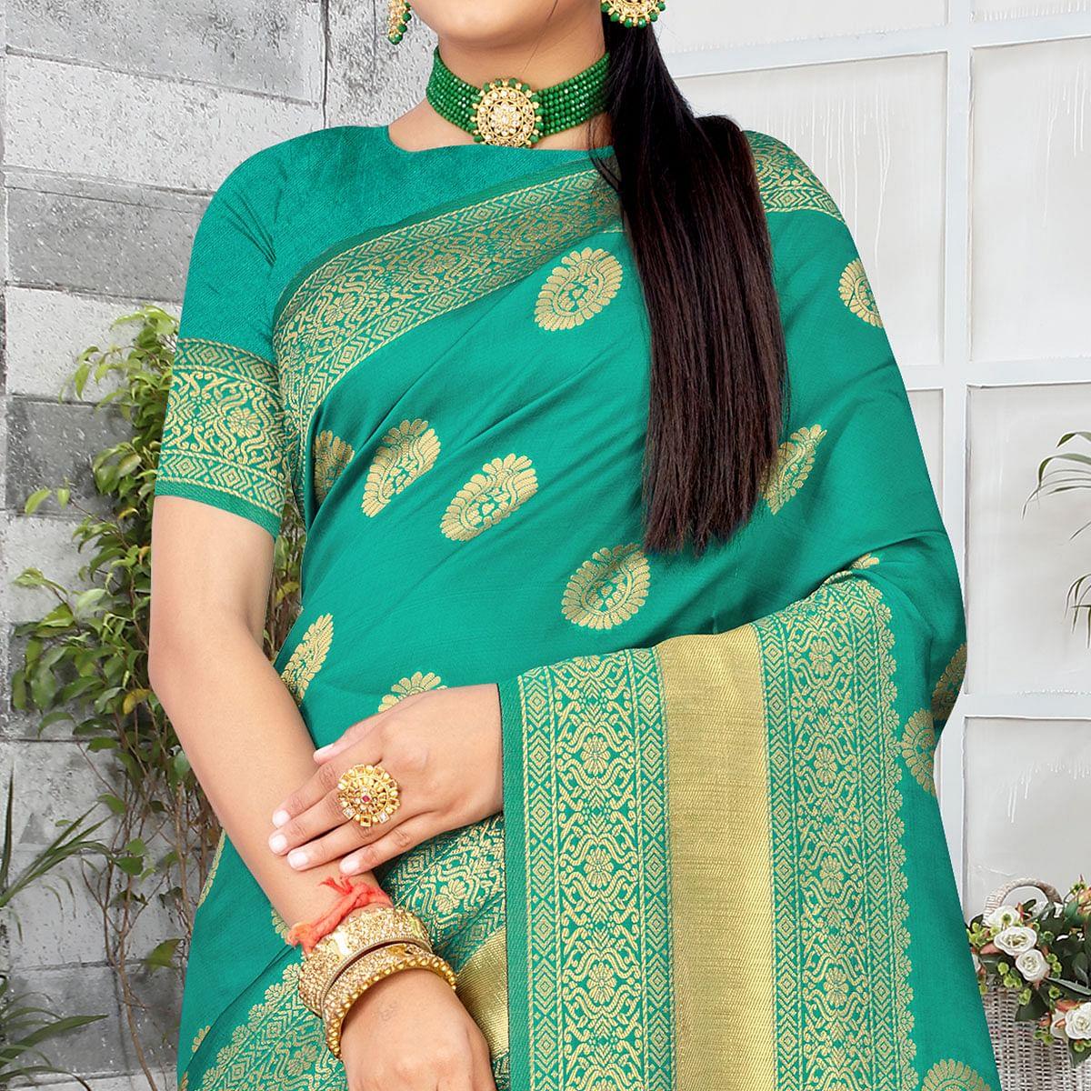 Sea Green Festive Wear Woven Art Silk Saree - Peachmode
