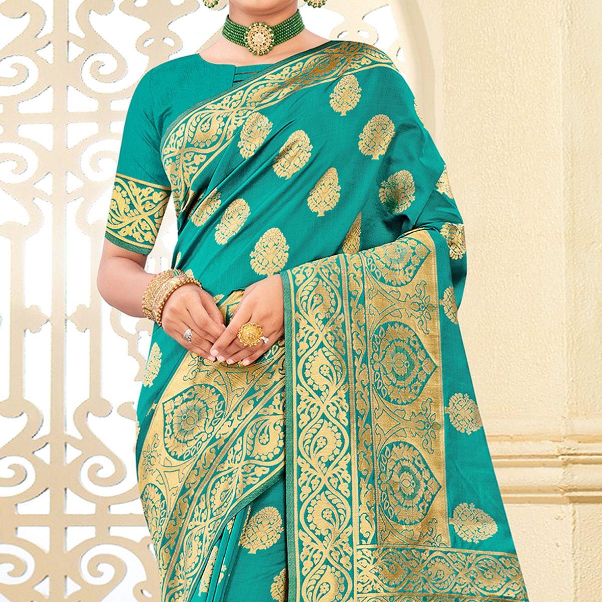 Sea Green Festive Wear Woven Art Silk Saree - Peachmode