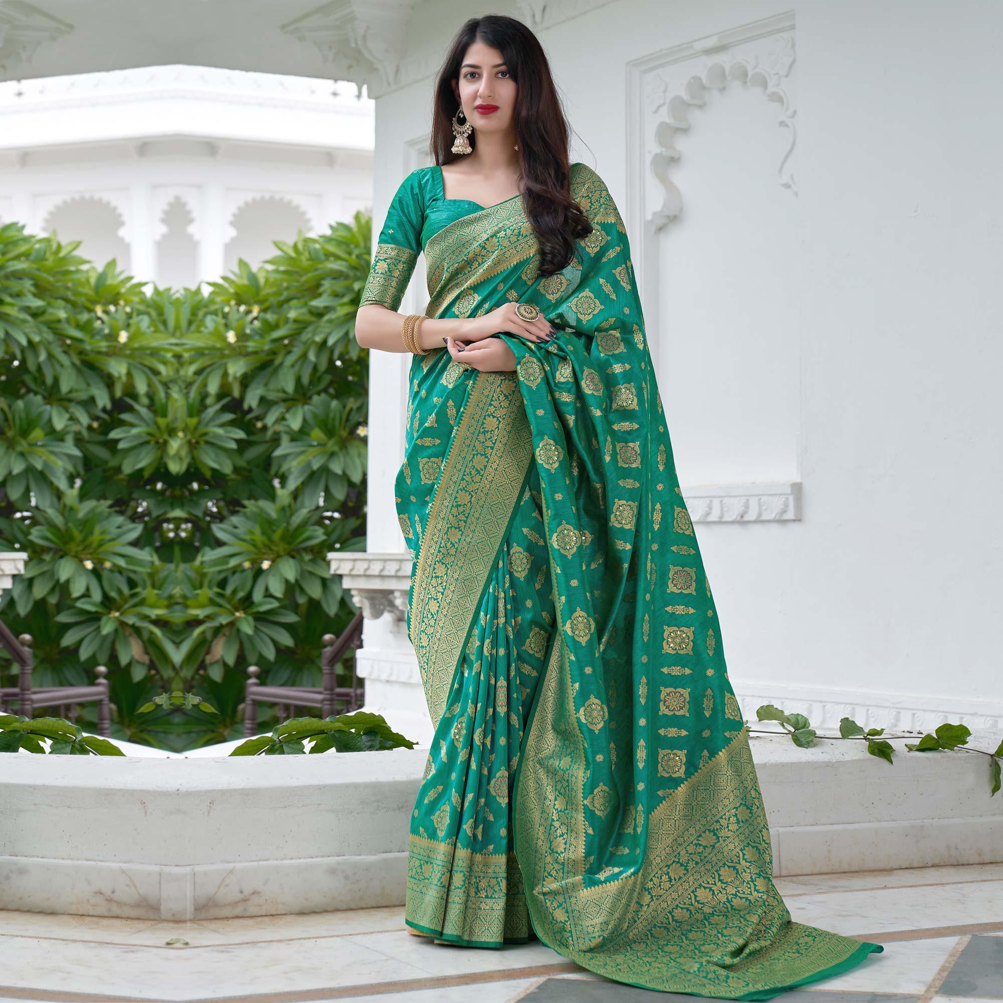 Sea Green Festive Wear Woven Banarasi Art Silk Saree - Peachmode