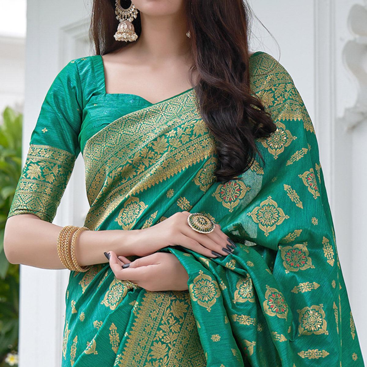 Sea Green Festive Wear Woven Banarasi Art Silk Saree - Peachmode