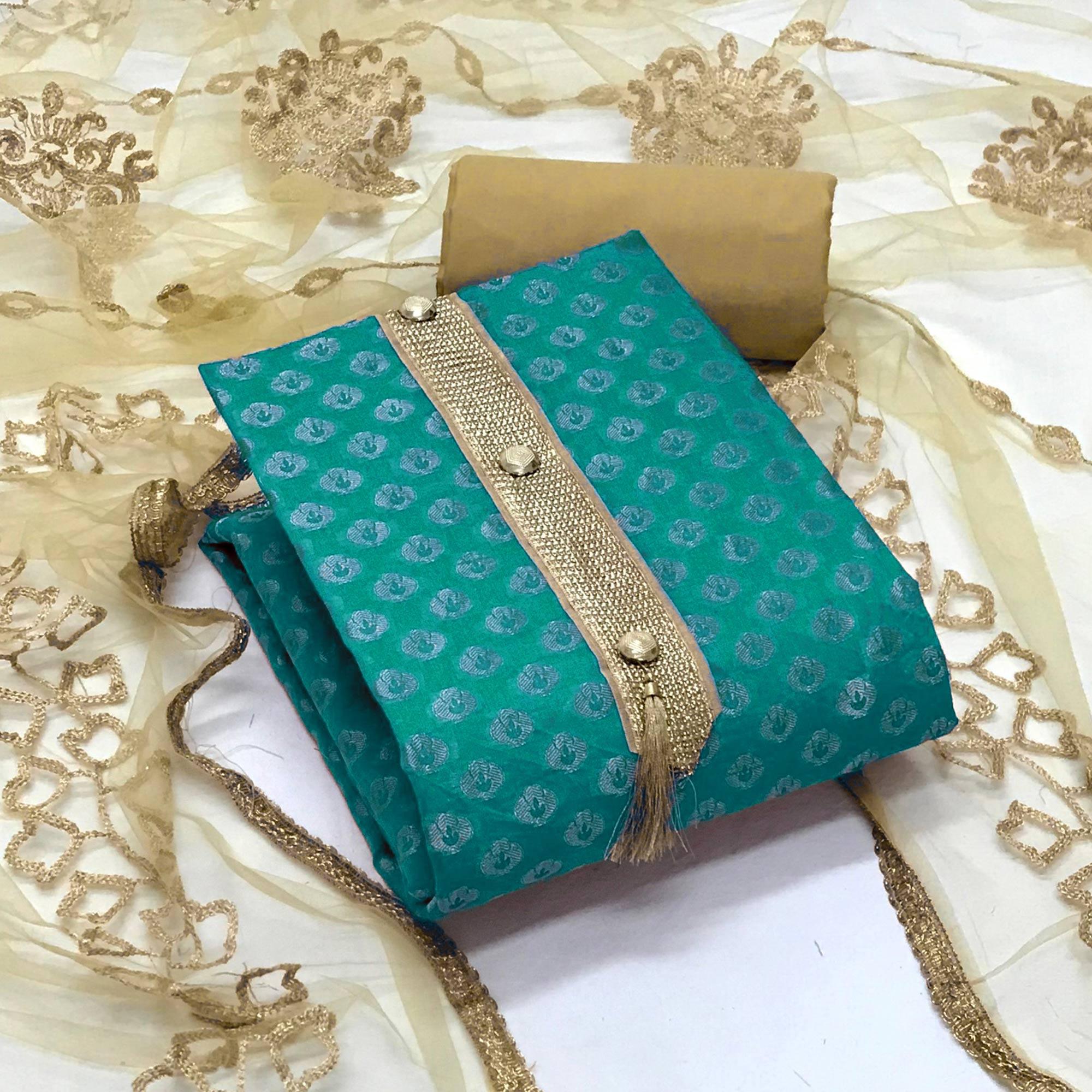 Sea Green Festive Wear Woven Banarasi Silk Dress Material - Peachmode