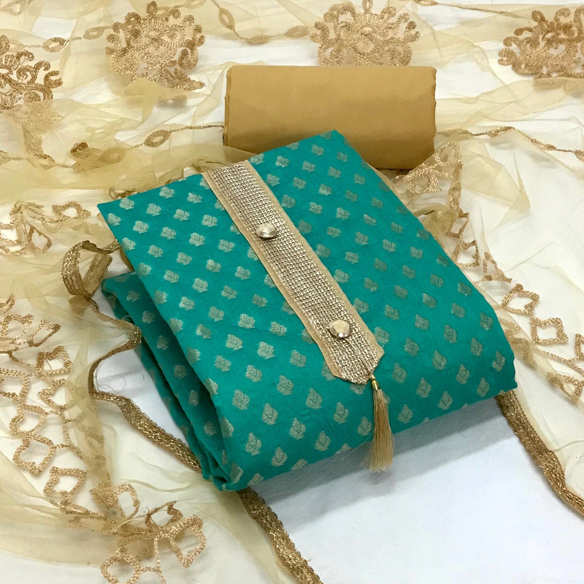 Sea Green Festive Wear Woven Banarasi Silk Dress Material - Peachmode
