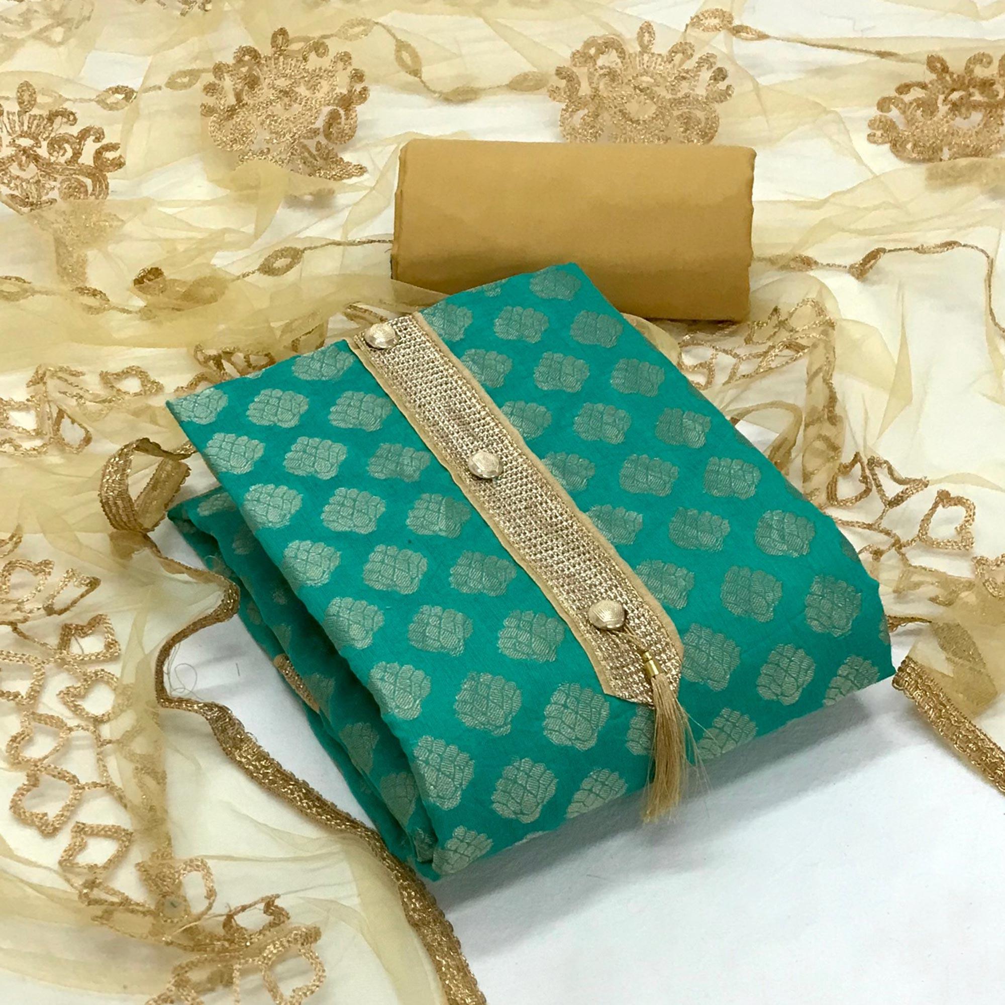 Sea Green Festive Wear Woven Banarasi Silk Dress Material - Peachmode