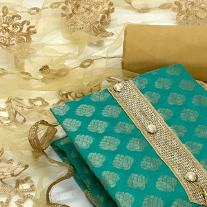 Sea Green Festive Wear Woven Banarasi Silk Dress Material - Peachmode