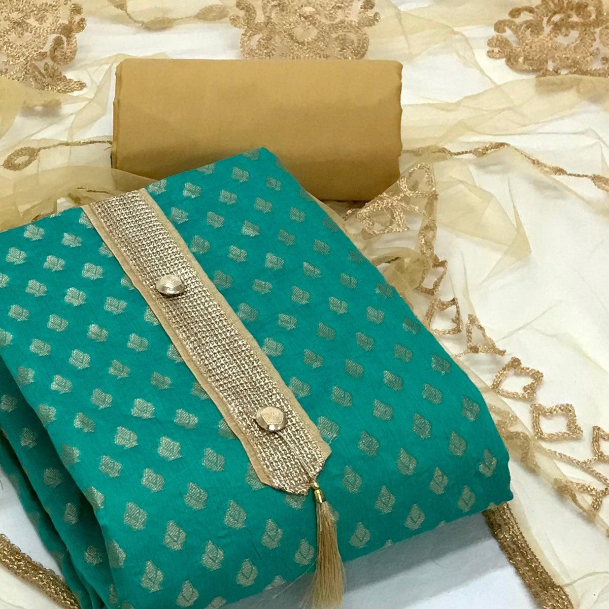 Sea Green Festive Wear Woven Banarasi Silk Dress Material - Peachmode