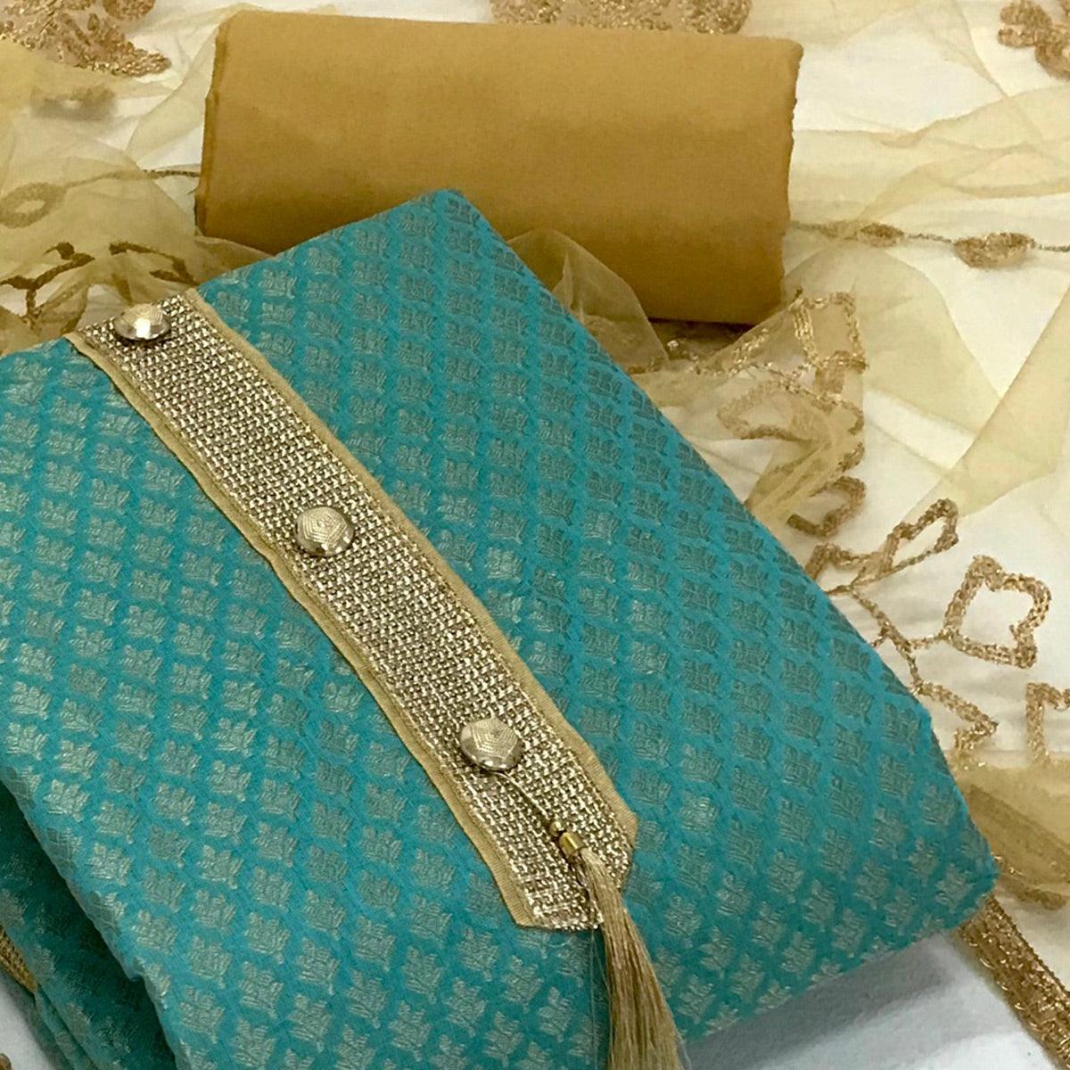 Sea Green Festive Wear Woven Banarasi Silk Dress Material - Peachmode