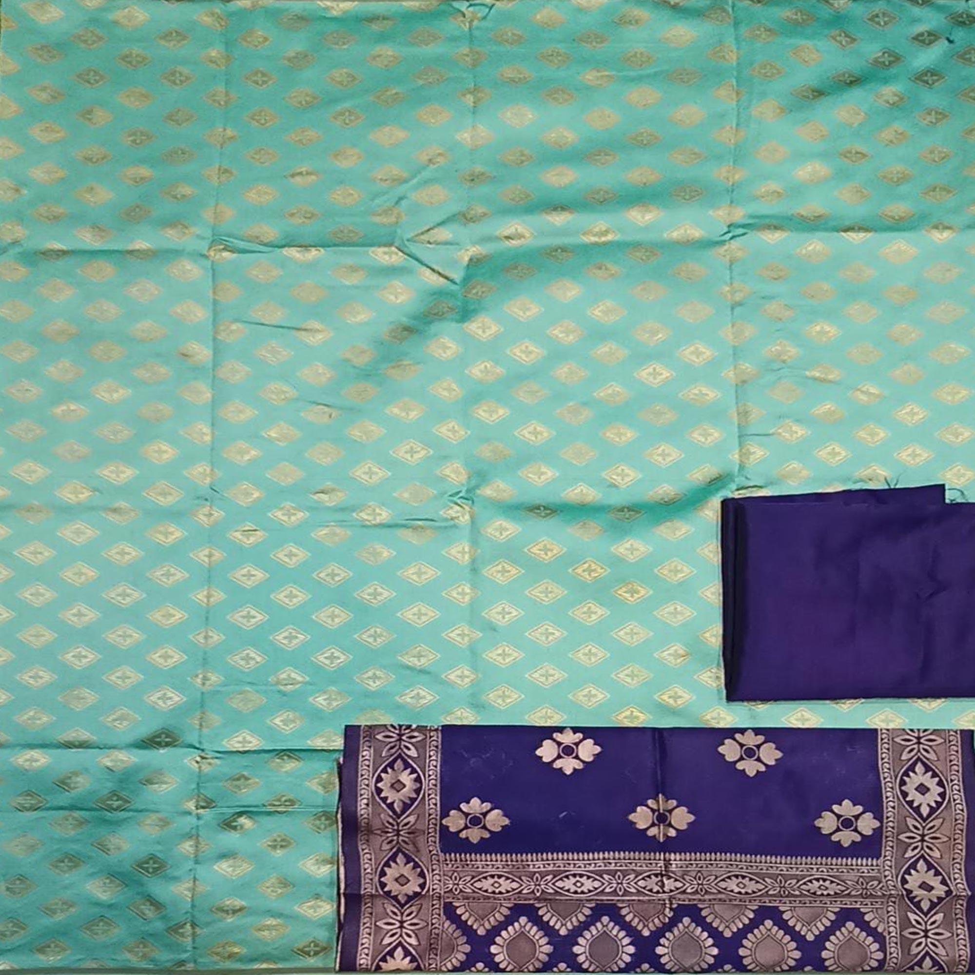 Sea Green Festive Wear Woven Banarasi Silk Dress Material - Peachmode