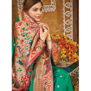 Sea Green Festive Wear Woven Banarasi Silk Paithani Saree With Tassels - Peachmode