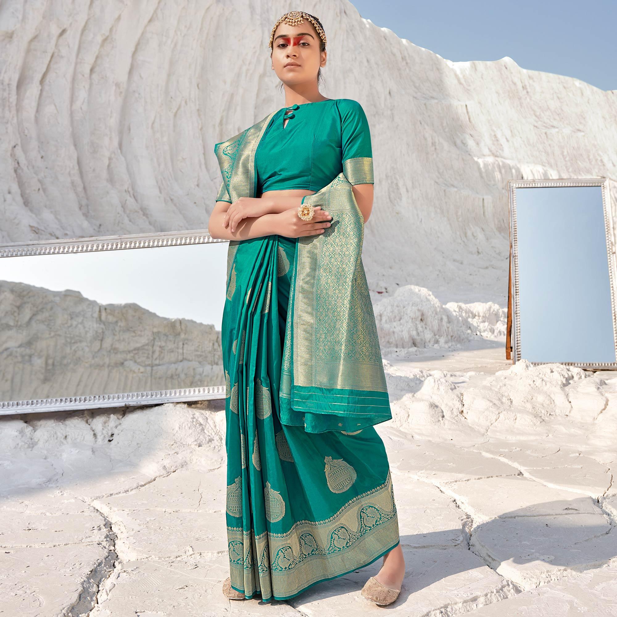 Sea Green Festive Wear Woven Banarasi Silk Saree - Peachmode