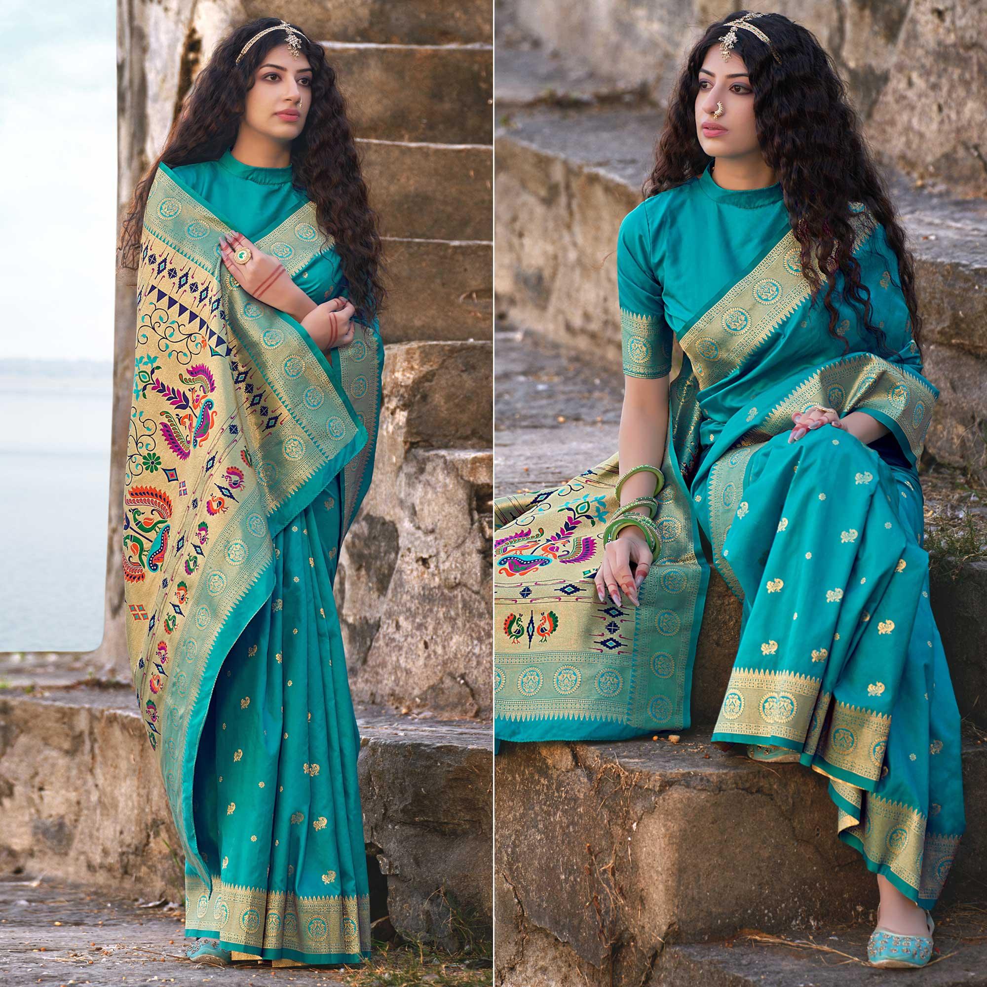 Sea Green Festive Wear Woven Banarasi Silk Saree - Peachmode