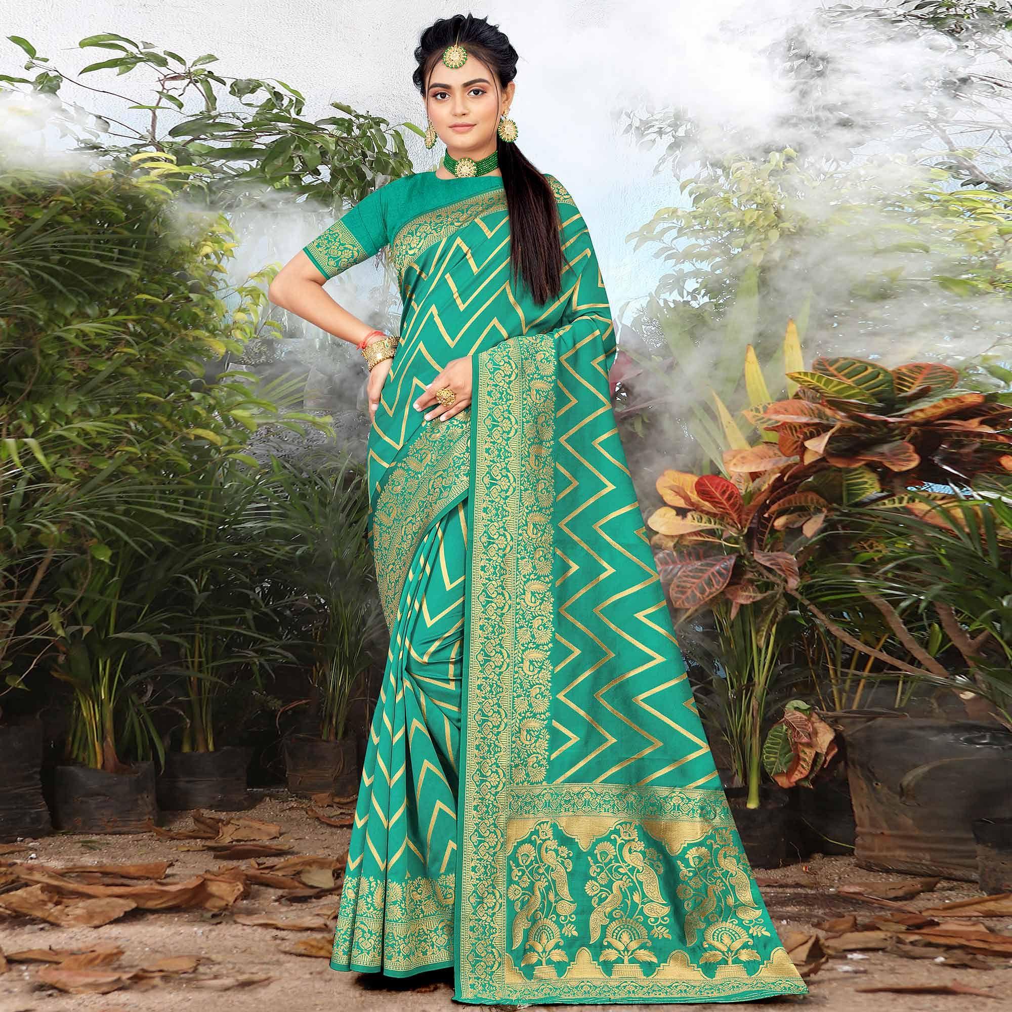 Sea Green Festive Wear Woven Banarasi Silk Saree - Peachmode