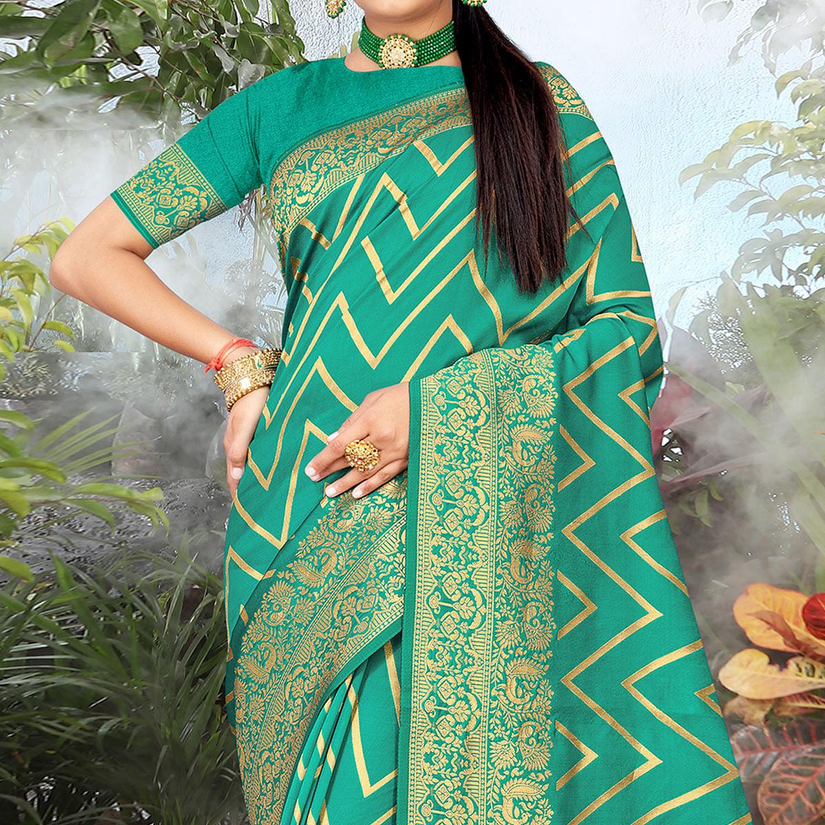 Sea Green Festive Wear Woven Banarasi Silk Saree - Peachmode