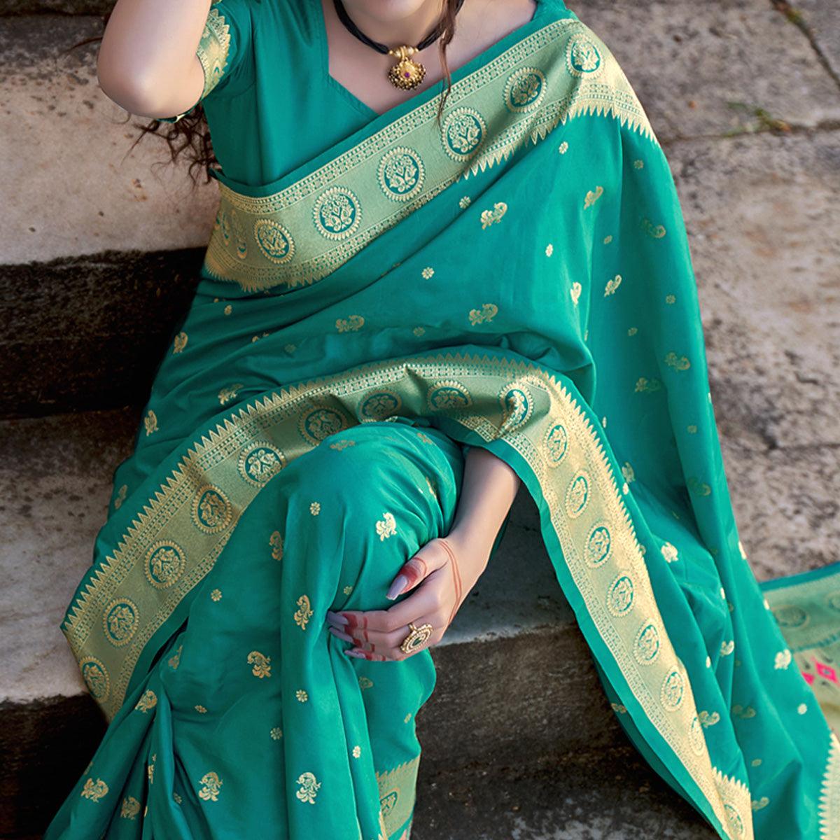 Sea Green Festive Wear Woven Banarasi Silk Saree - Peachmode