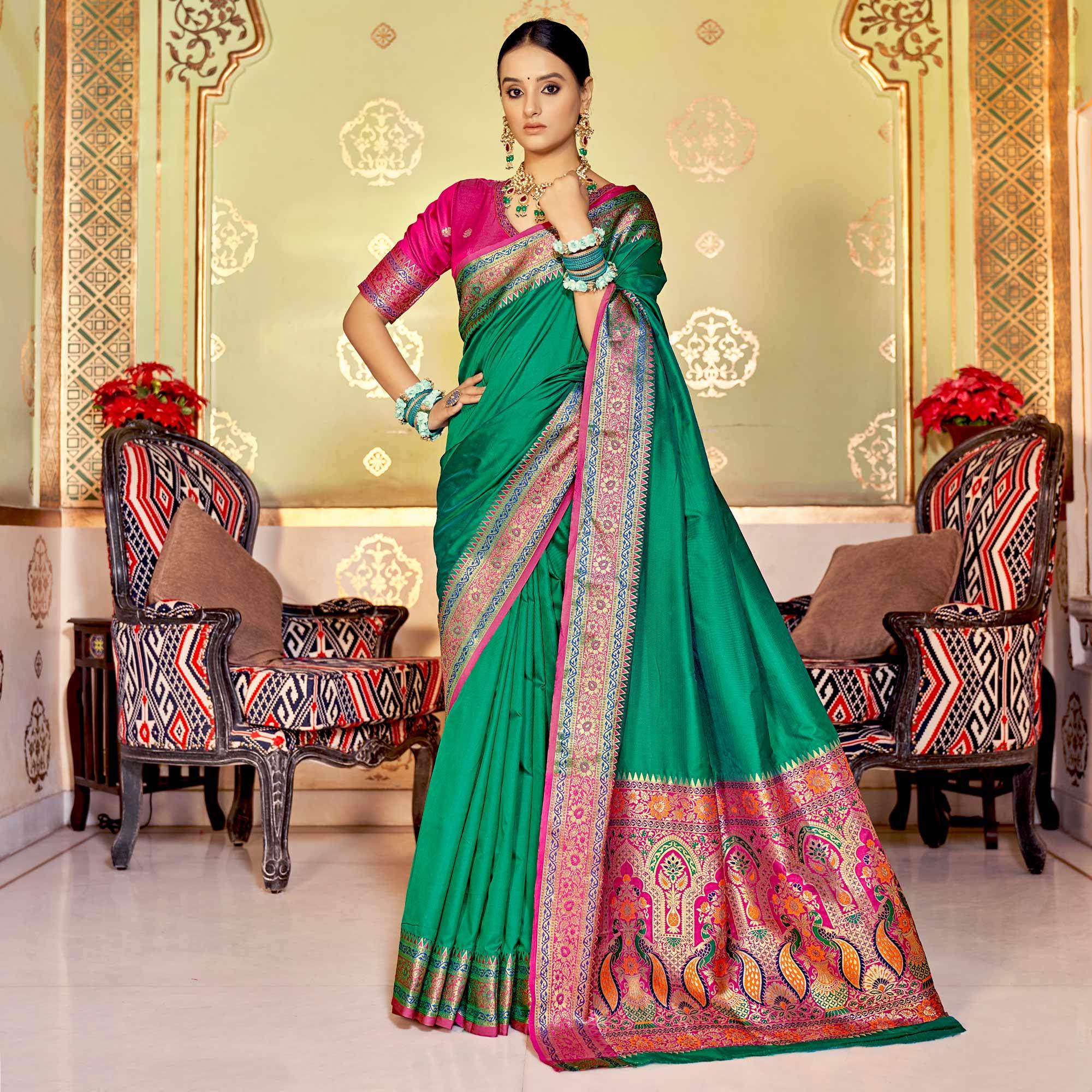 Sea Green Festive Wear Woven Banarasi Silk Saree - Peachmode