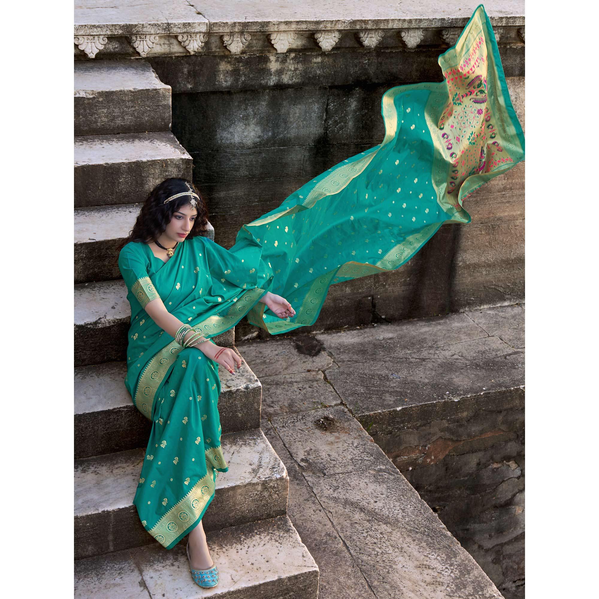 Sea Green Festive Wear Woven Banarasi Silk Saree - Peachmode