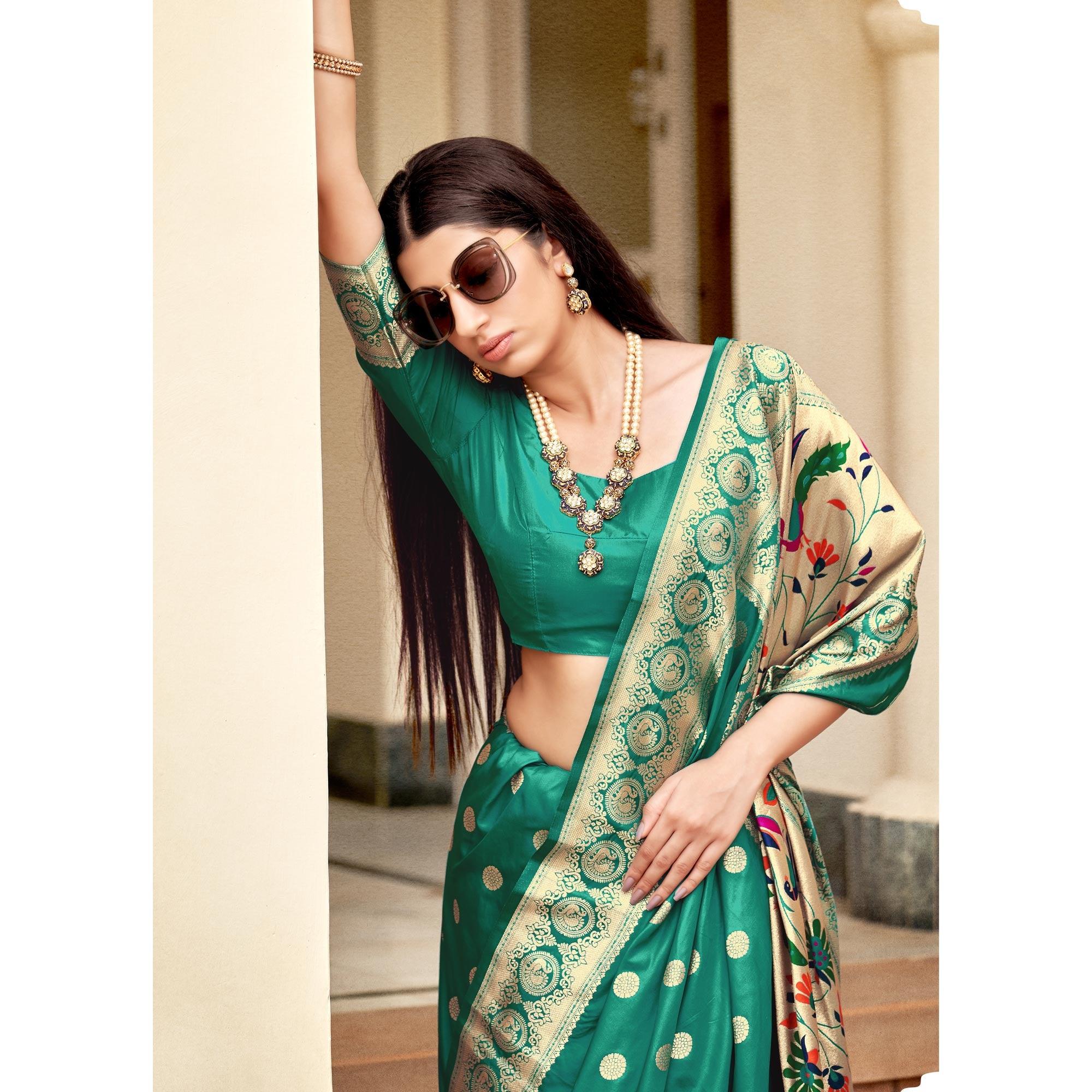 Sea Green Festive Wear Woven Banarasi Soft Silk Saree - Peachmode