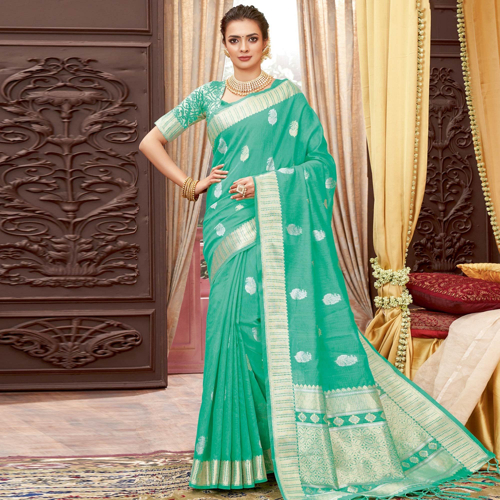 Sea Green Festive Wear Woven Cotton Saree - Peachmode