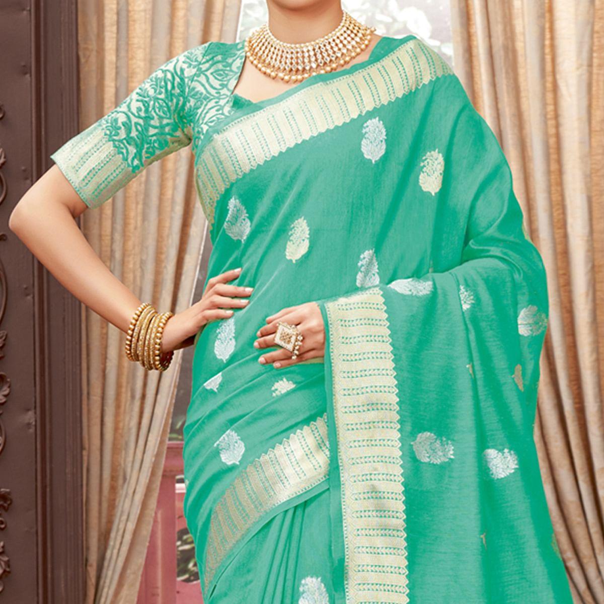 Sea Green Festive Wear Woven Cotton Saree - Peachmode