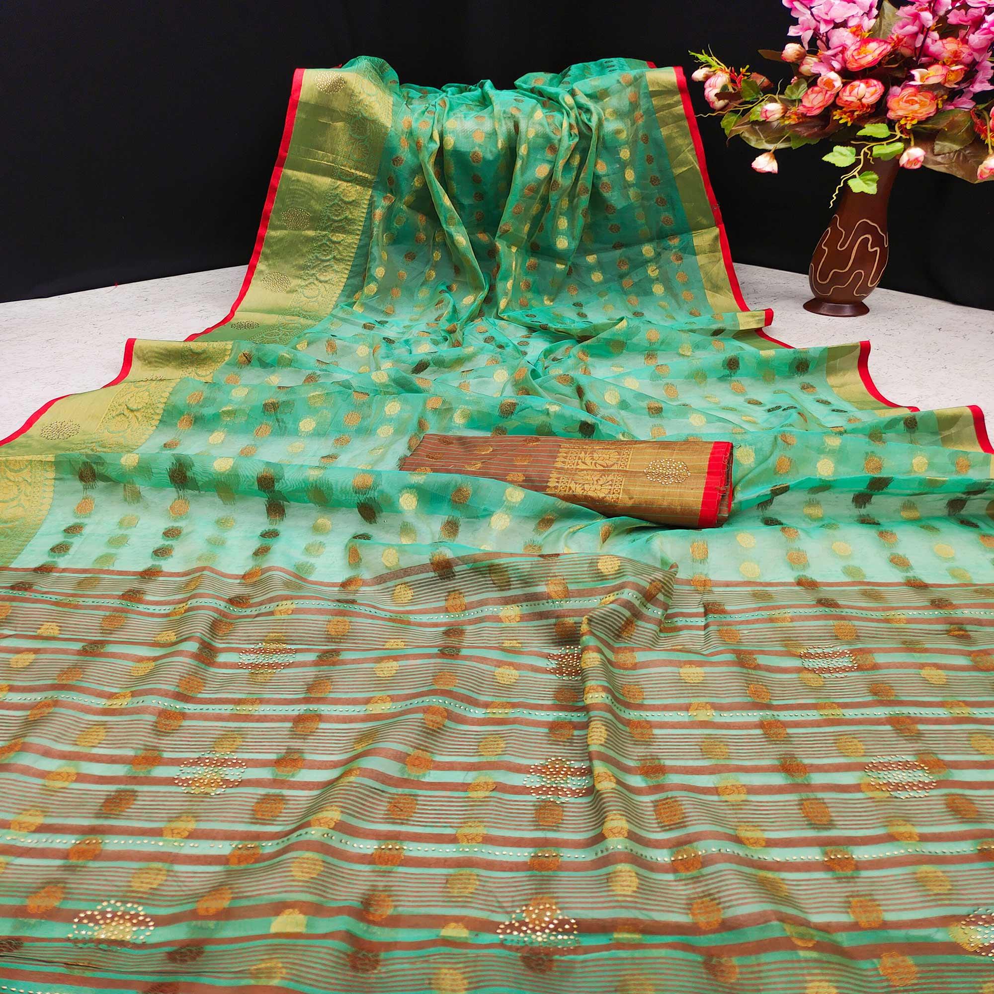 Sea Green Festive Wear Woven Cotton Silk Saree - Peachmode