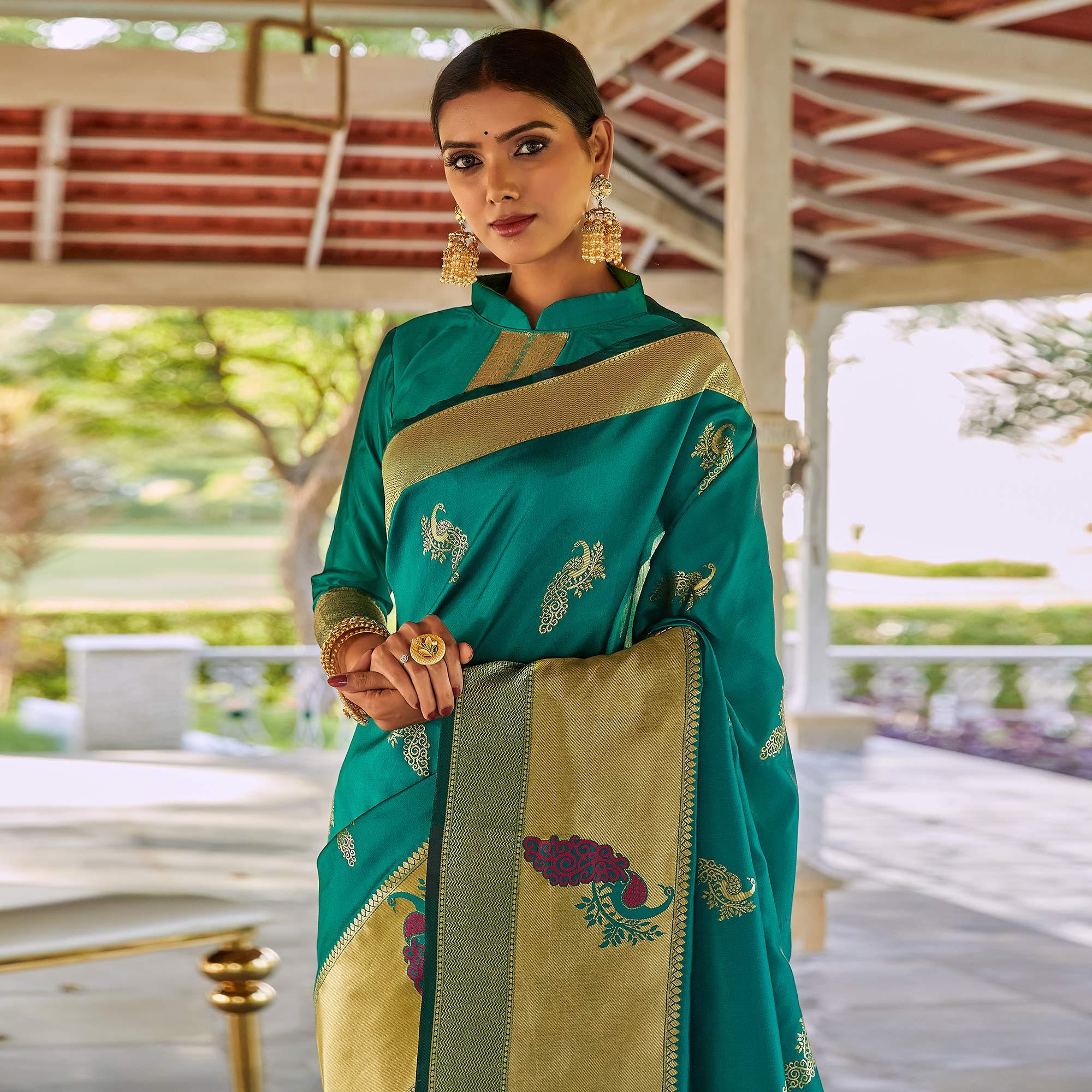 Sea Green Festive Wear Woven Handloom Silk Saree - Peachmode