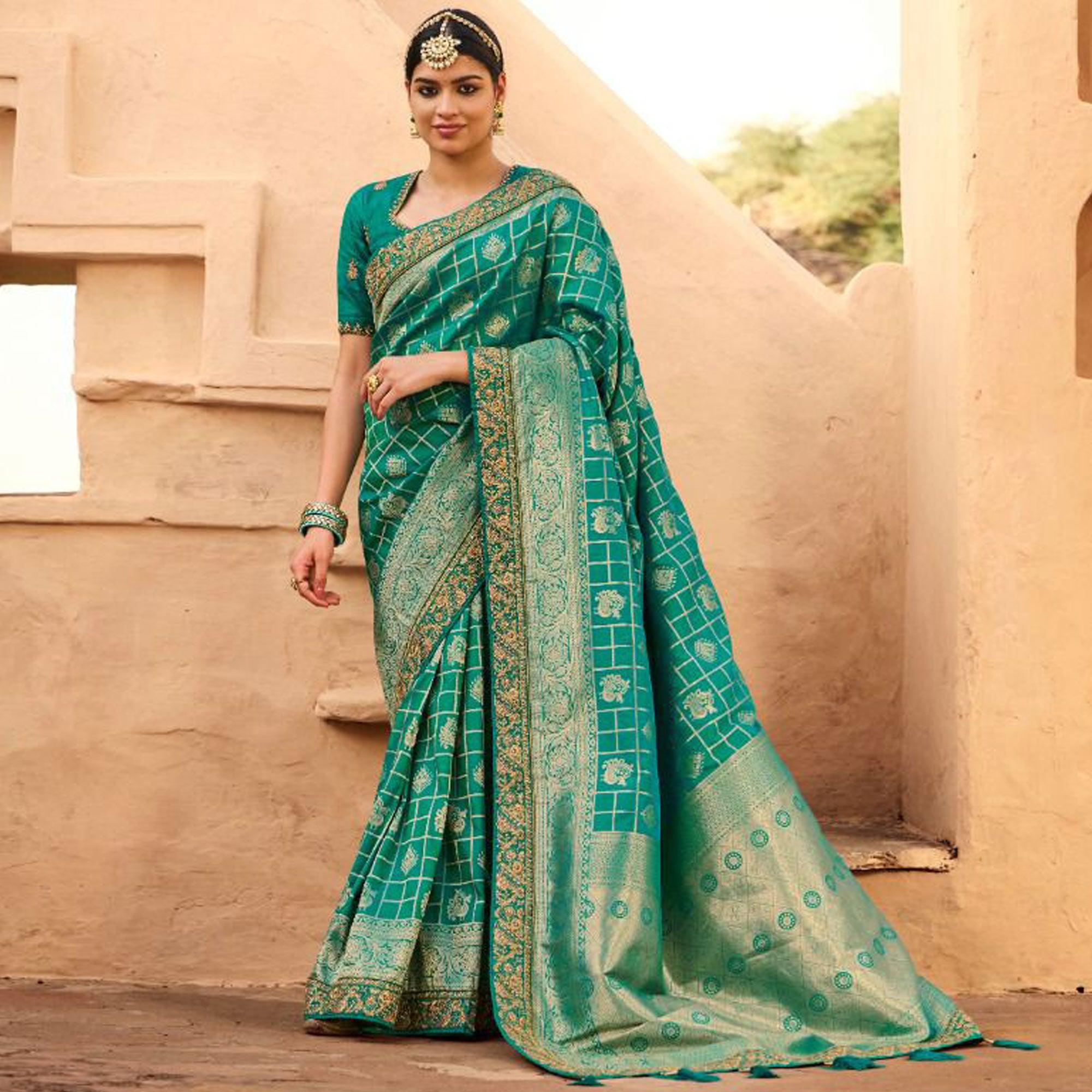 Sea Green Festive Wear Woven Poly Silk Saree - Peachmode