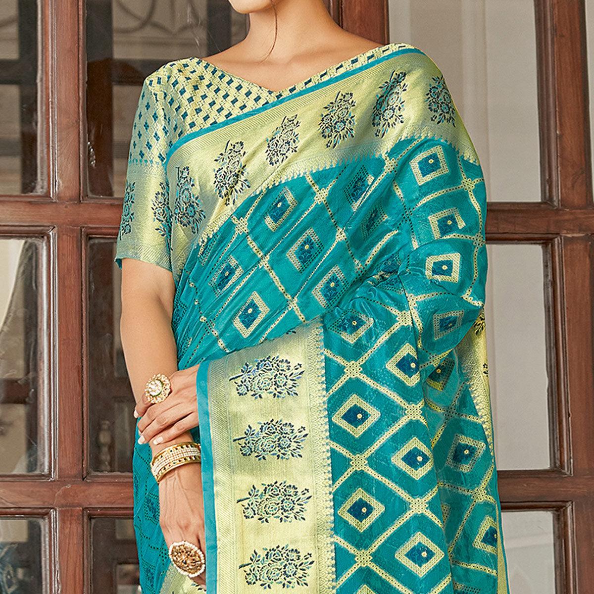 Sea Green Festive Wear Woven Silk Saree - Peachmode