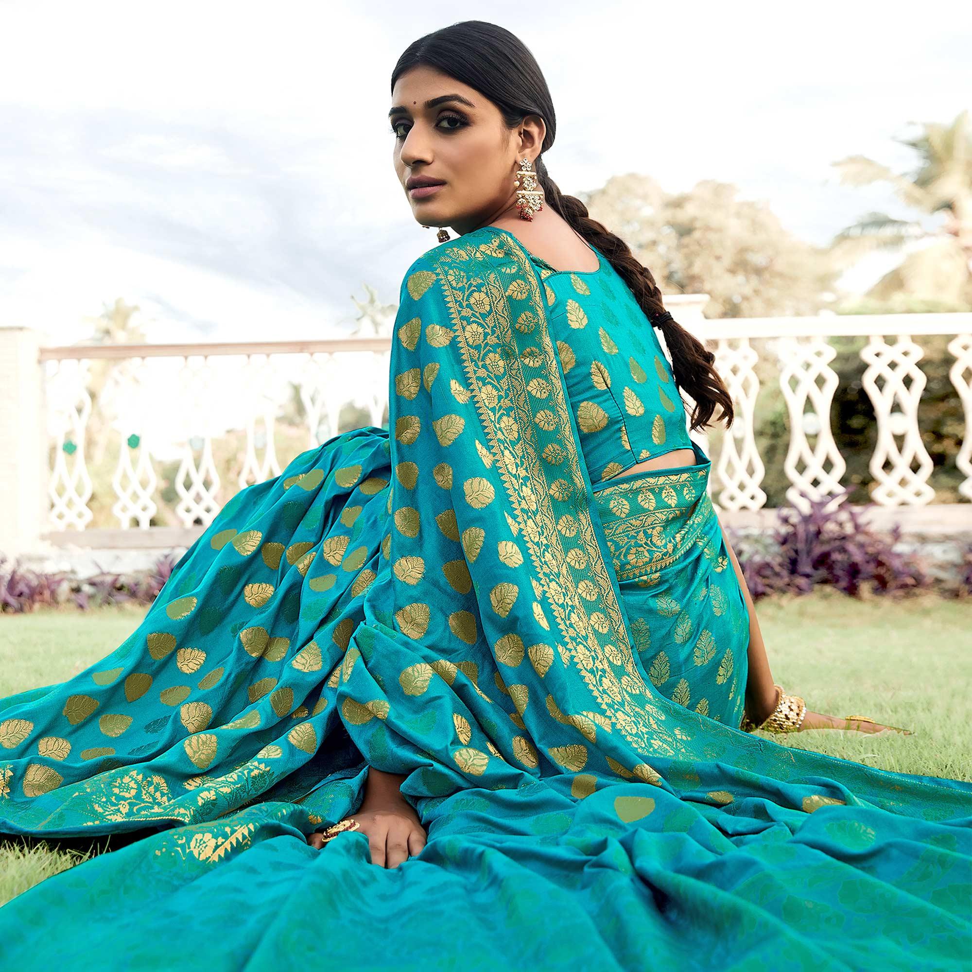 Sea Green Festive Wear Woven Silk Saree - Peachmode