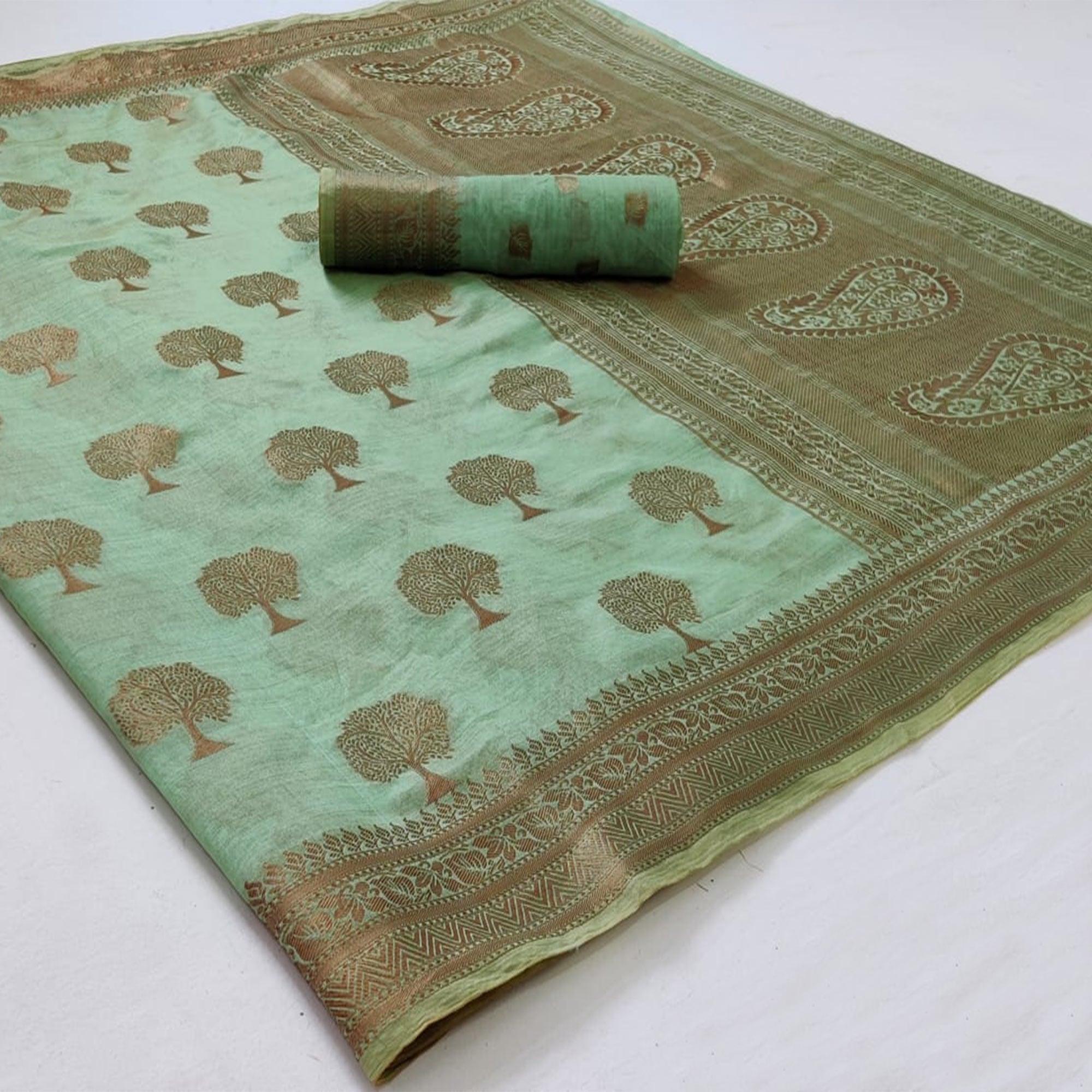 Sea Green Festive Wear Woven Soft Organza Saree - Peachmode