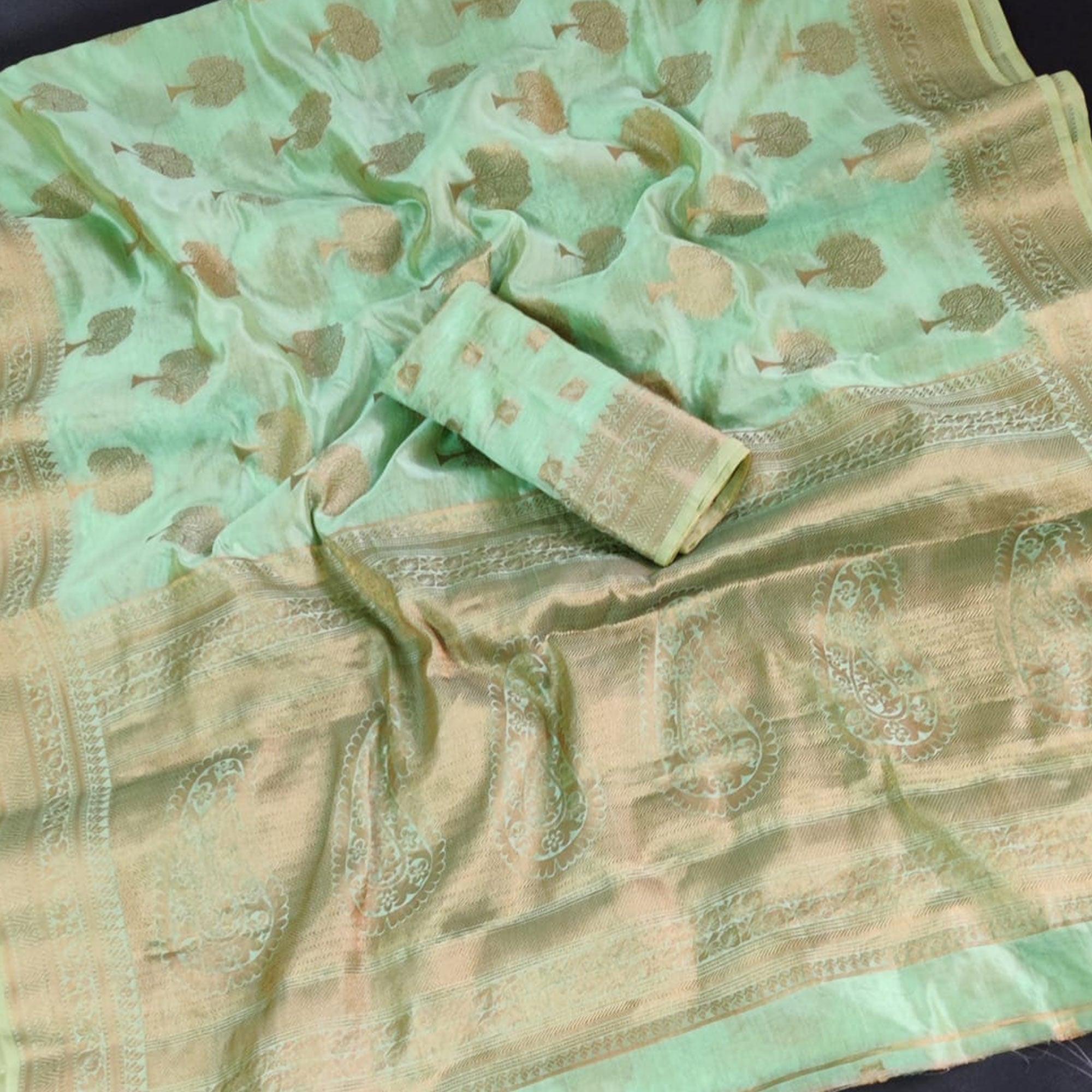 Sea Green Festive Wear Woven Soft Organza Saree - Peachmode