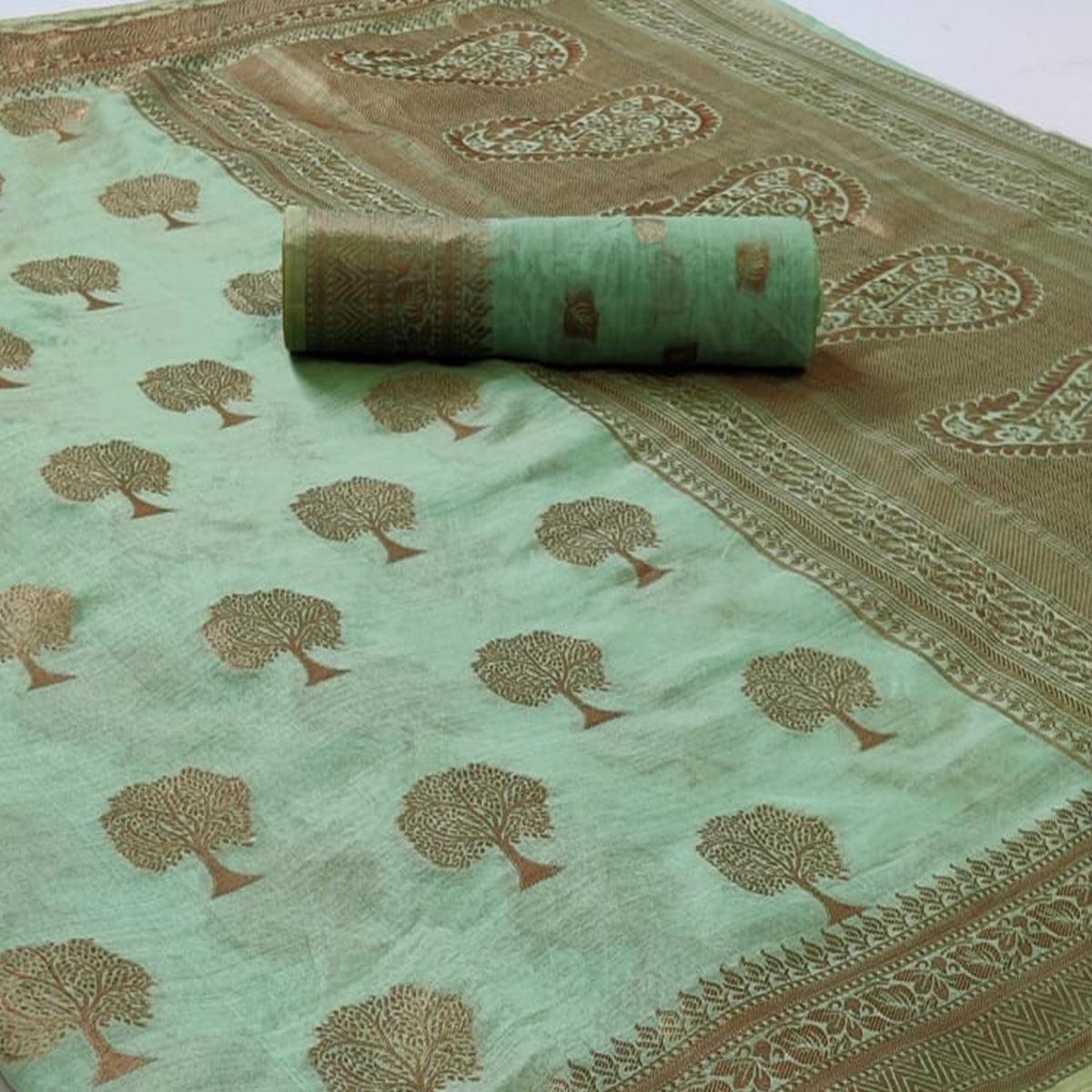 Sea Green Festive Wear Woven Soft Organza Saree - Peachmode
